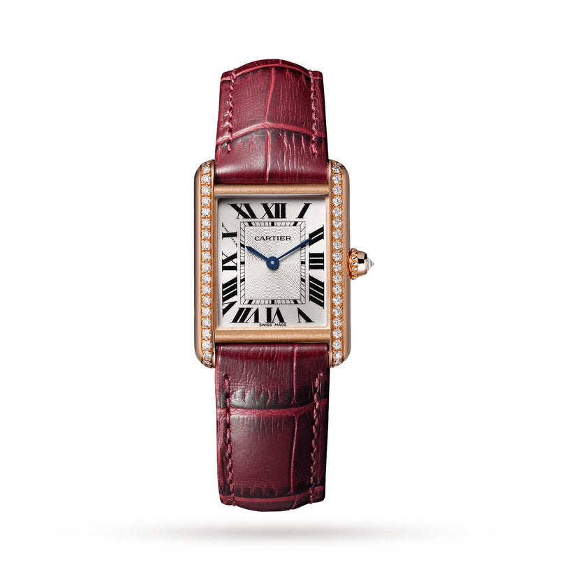 The Cartier Tank Louis Cartier watch features a rectangular rose gold case, diamond bezel, white dial with Roman numerals, blue hands, and a burgundy leather strap.