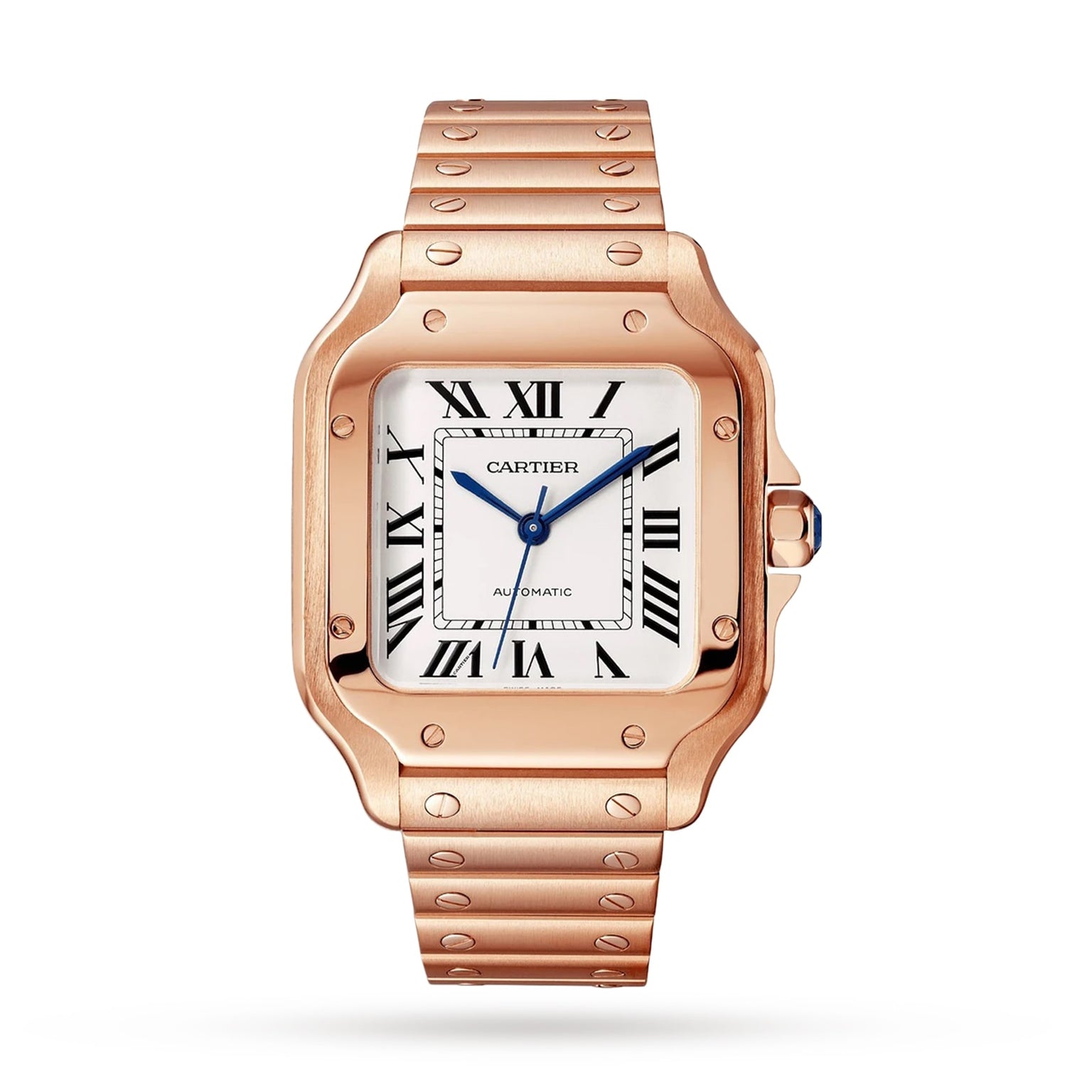 A Cartier Baignoire watch with a rose gold case and bracelet, white dial, black Roman numerals, and blue hands, featuring a precise mechanical movement, displayed against a plain white background.