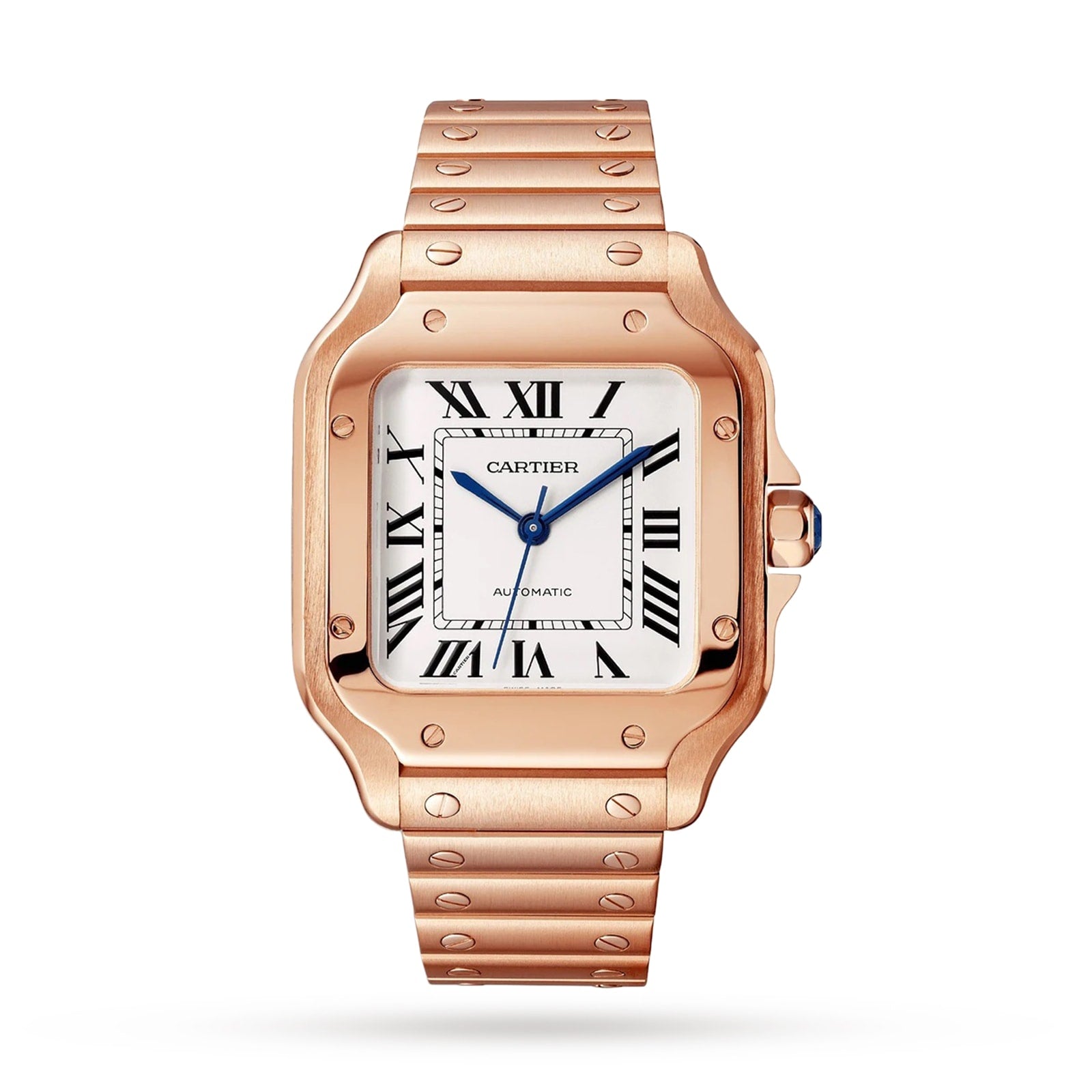 A Cartier Baignoire watch with a rose gold case and bracelet, white dial, black Roman numerals, and blue hands, featuring a precise mechanical movement, displayed against a plain white background.