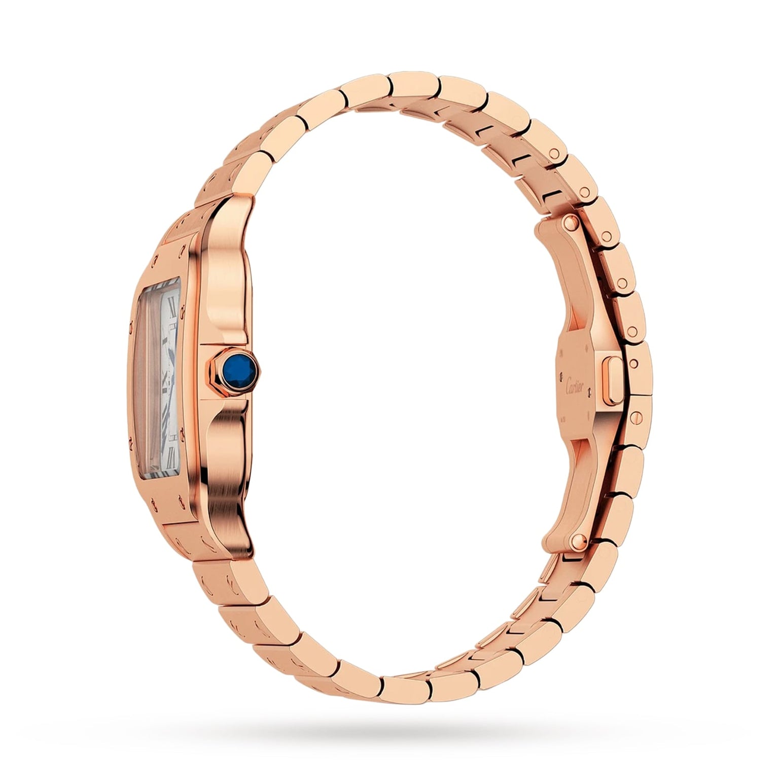 A Cartier Baignoire watch with a rose gold case, rectangular face, blue gemstone crown, and metal bracelet is shown in profile view against a white background.