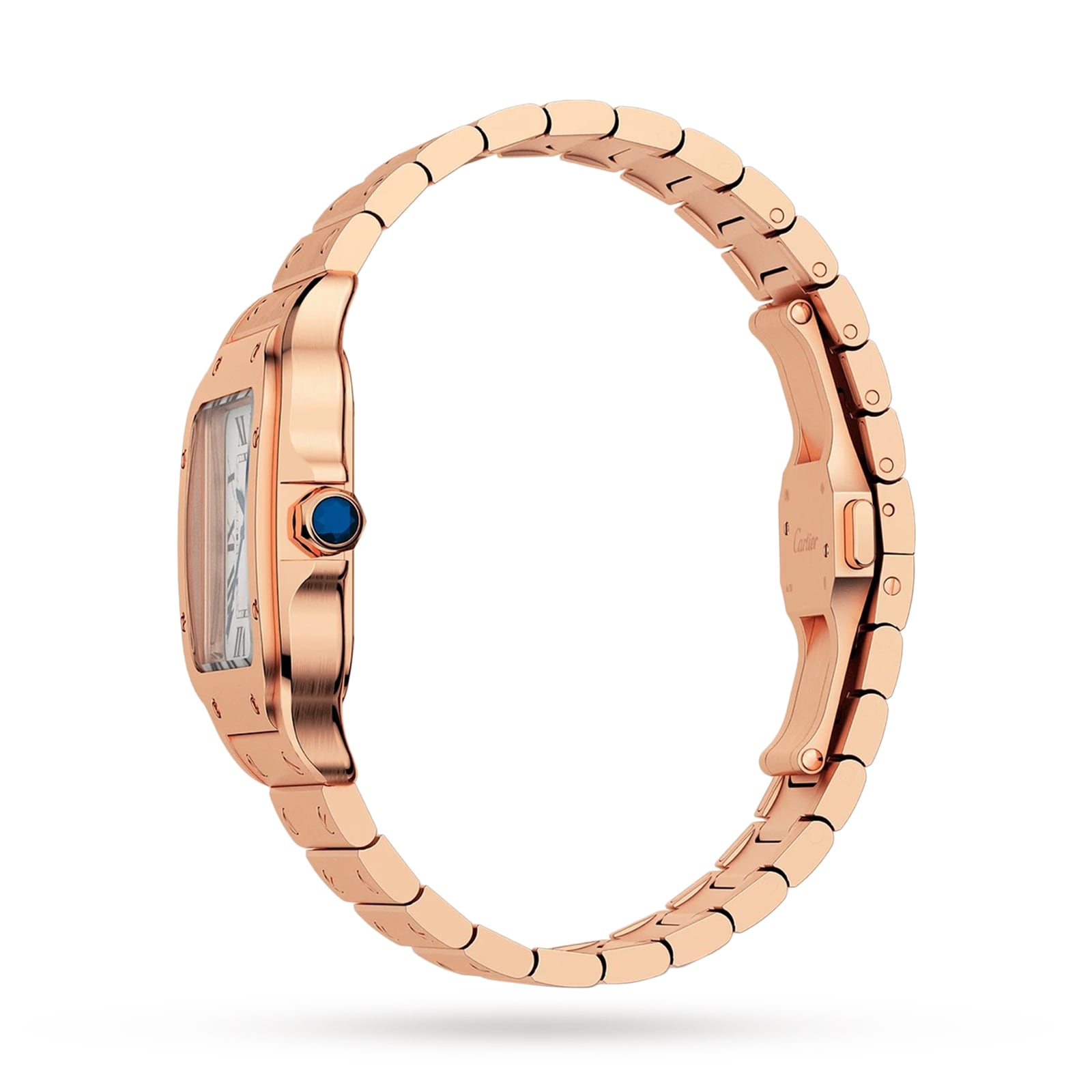 A Cartier Baignoire watch with a rose gold case, rectangular face, blue gemstone crown, and metal bracelet is shown in profile view against a white background.