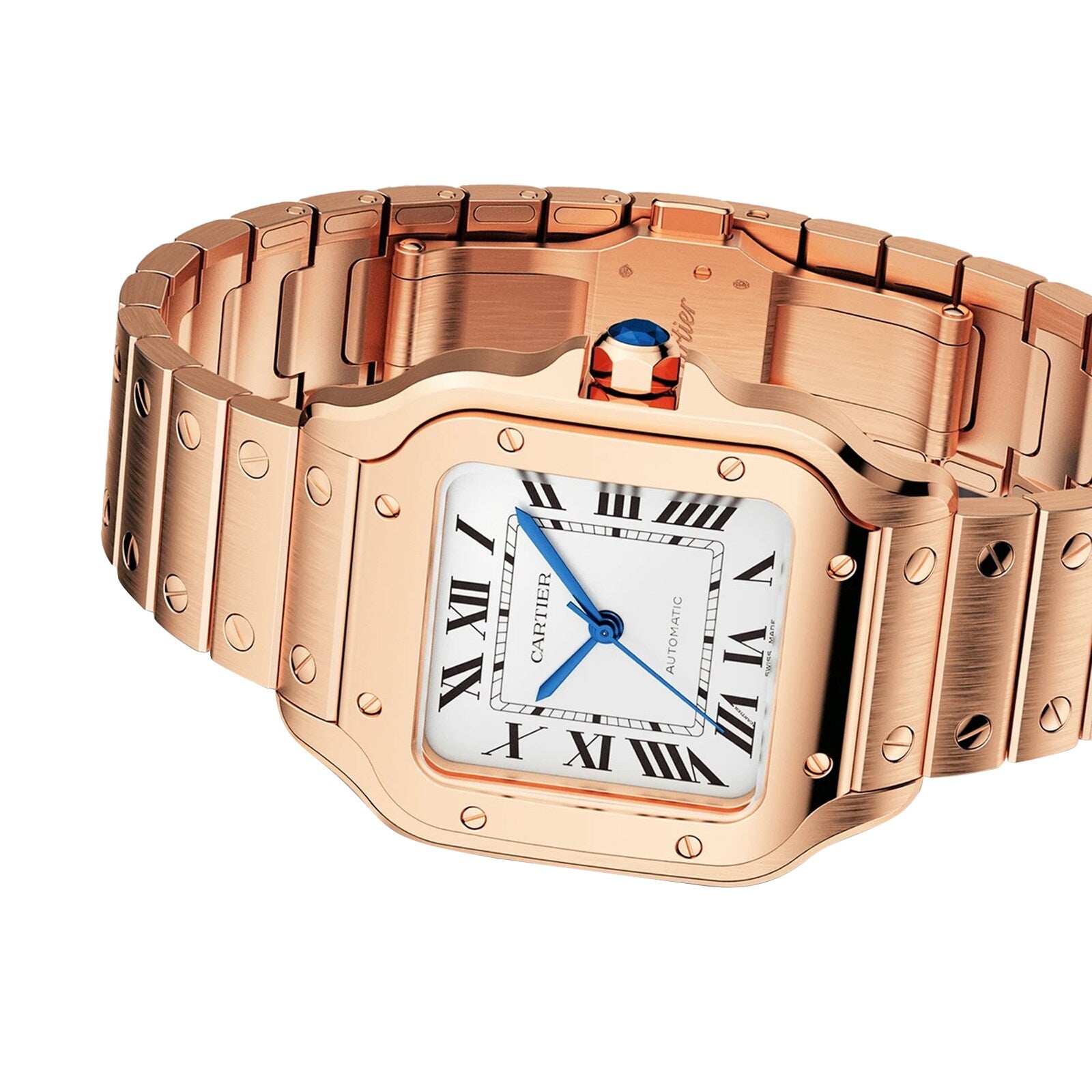 A Cartier Baignoire watch with a rose gold case, white dial, black Roman numerals, blue hands, a blue crown gemstone, and a linked gold bracelet.