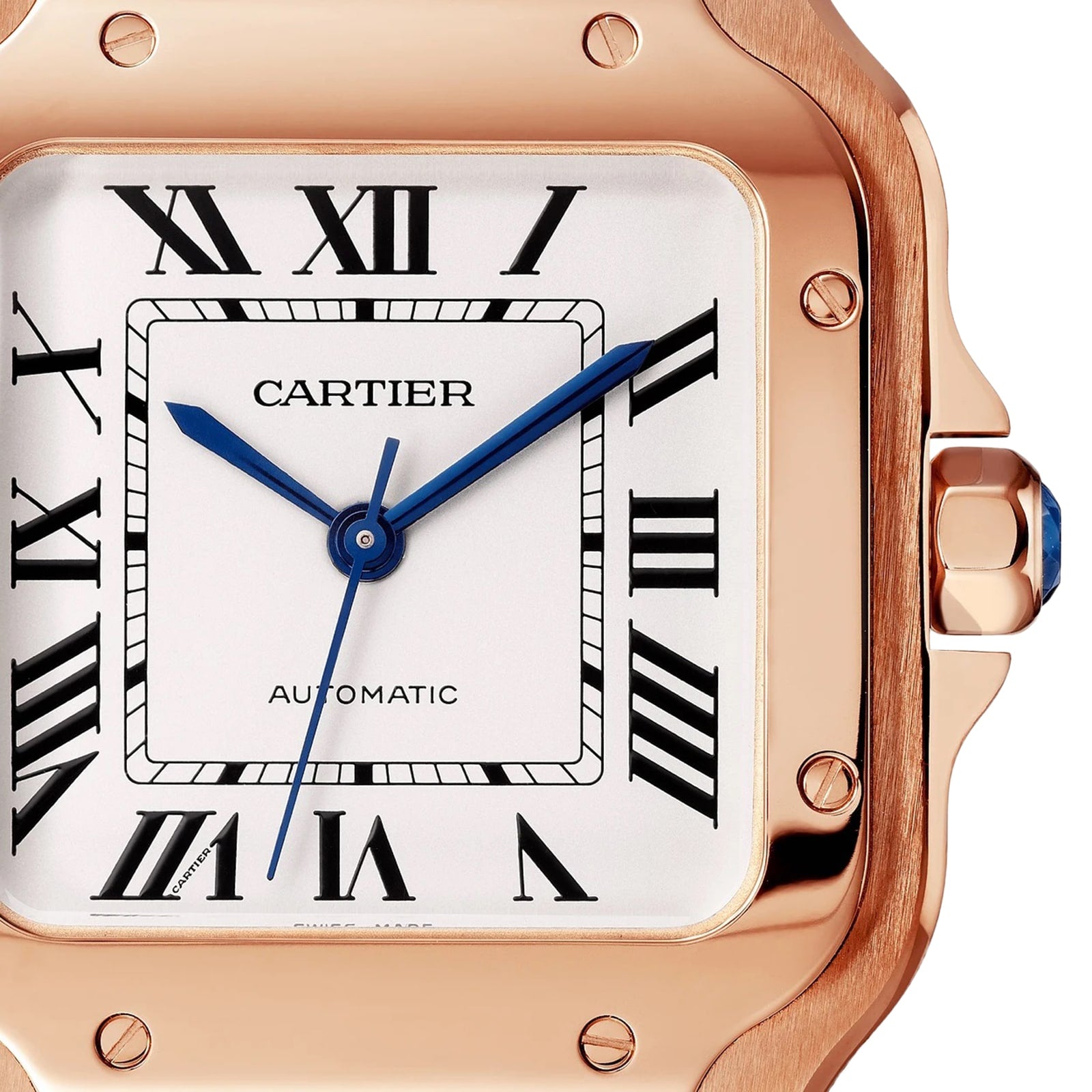 Close-up of a Cartier Baignoire watch featuring a distinctive face, Roman numeral hour markers, blue hands, and an elegant case. The time displays approximately 10:11.