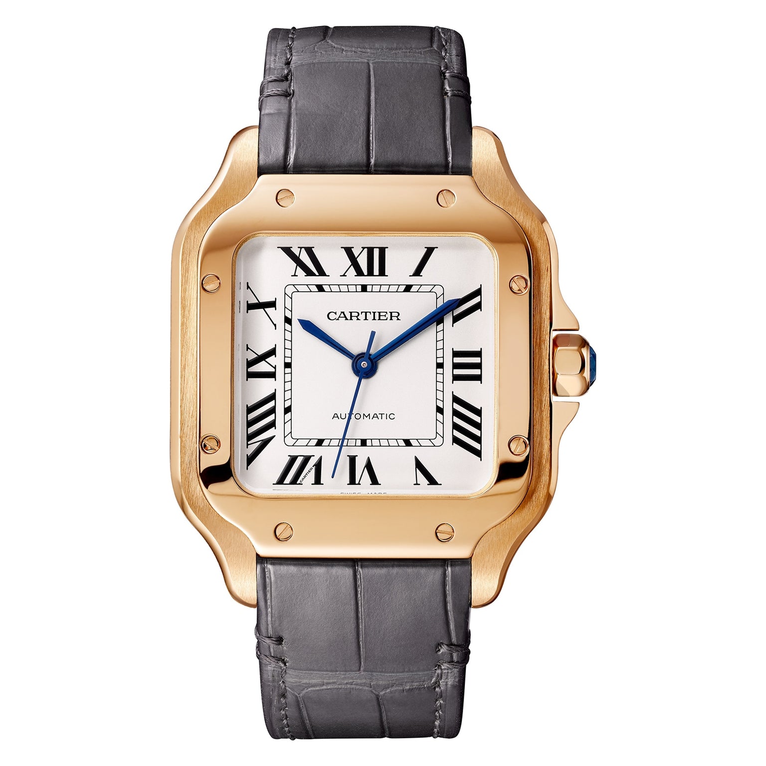 A Cartier Baignoire watch featuring a distinctive case, white dial with black Roman numerals, blue hands, and a grey leather strap.