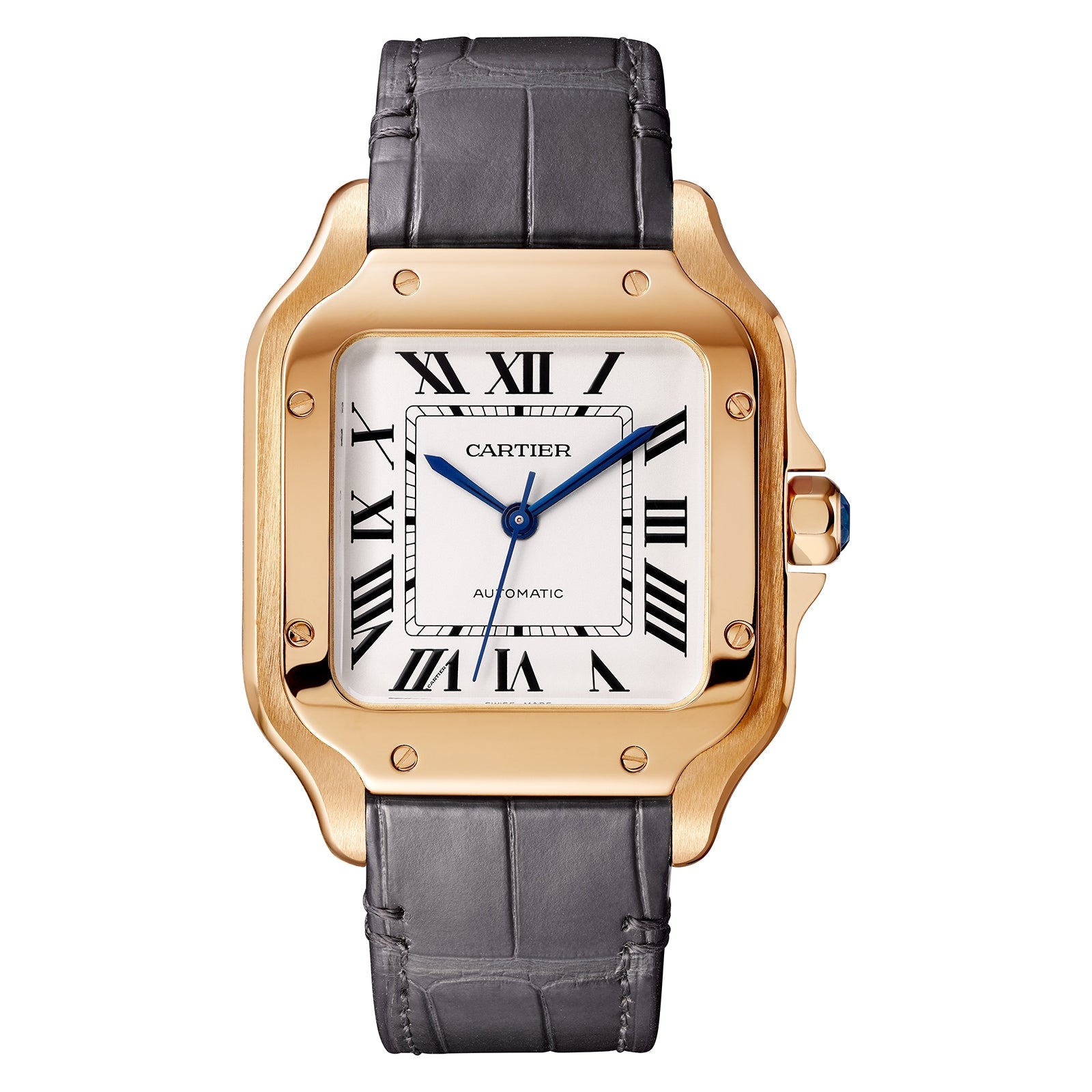 A Cartier Baignoire watch featuring a distinctive case, white dial with black Roman numerals, blue hands, and a grey leather strap.