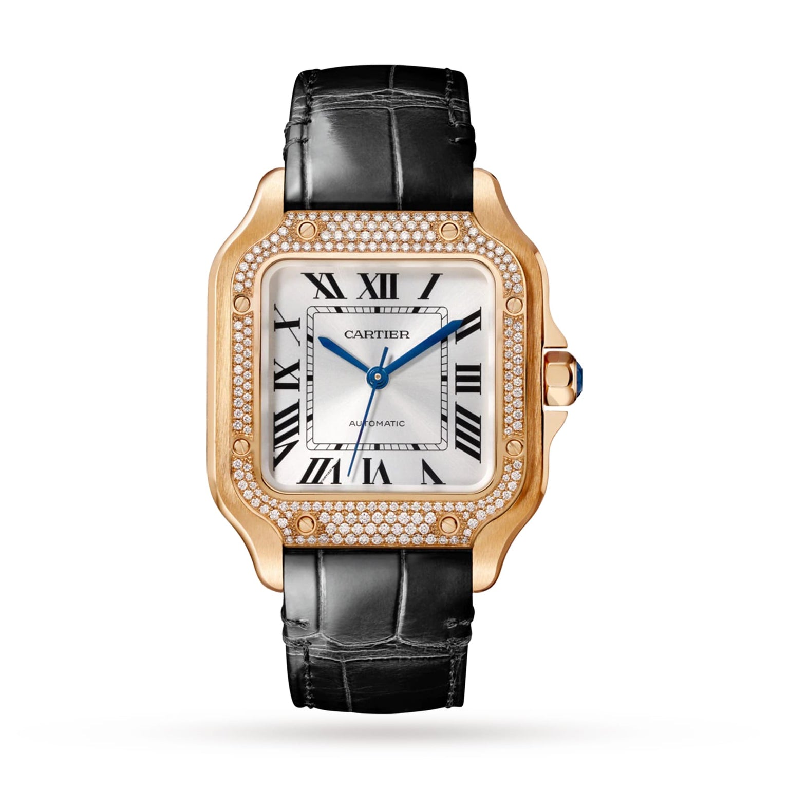 The Santos de Cartier by Cartier features a square rose gold case, diamond bezel, white dial with black Roman numerals and blue hands, black leather strap, automatic movement, and a crown set with a blue gemstone.