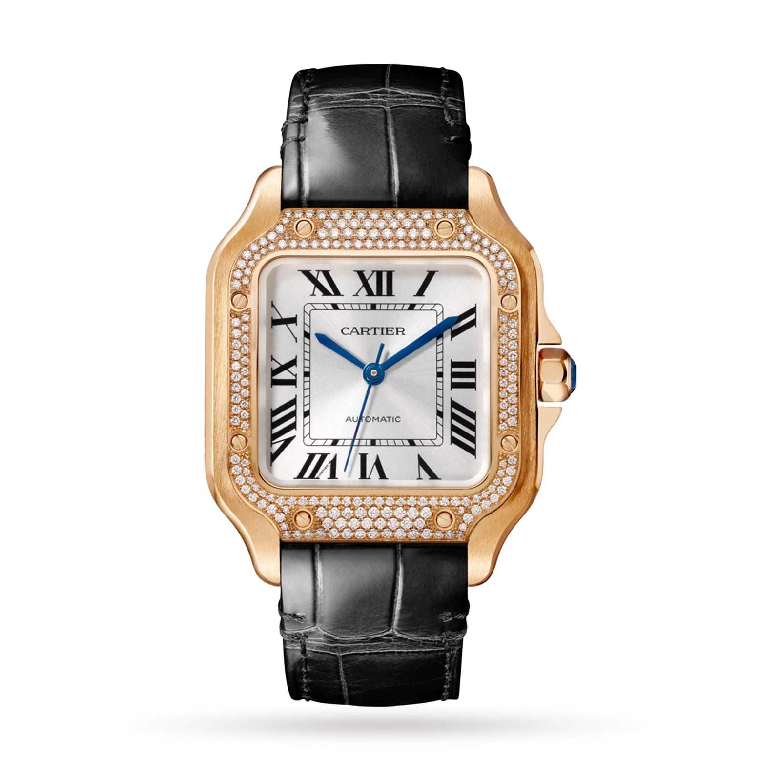 The Santos de Cartier by Cartier features a square rose gold case, diamond bezel, white dial with black Roman numerals and blue hands, black leather strap, automatic movement, and a crown set with a blue gemstone.