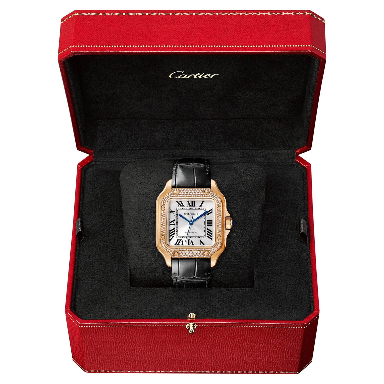 The Santos de Cartier by Cartier, with automatic movement, a black leather strap, and a rose gold case, is elegantly presented in an open red Cartier presentation box.
