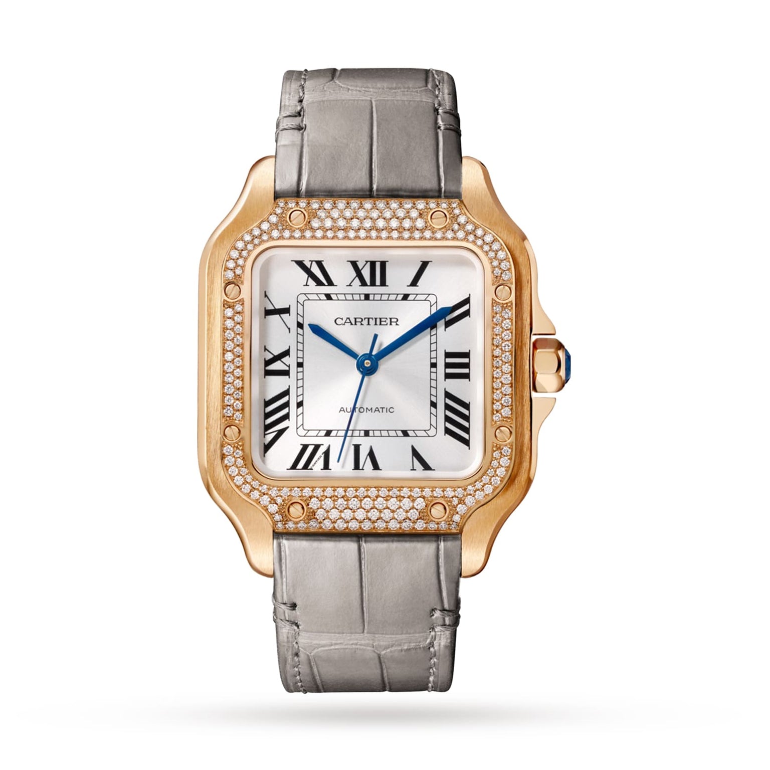 The Santos de Cartier by Cartier features a square rose gold and diamond bezel, Roman numeral indices, a gray leather strap, and automatic winding.