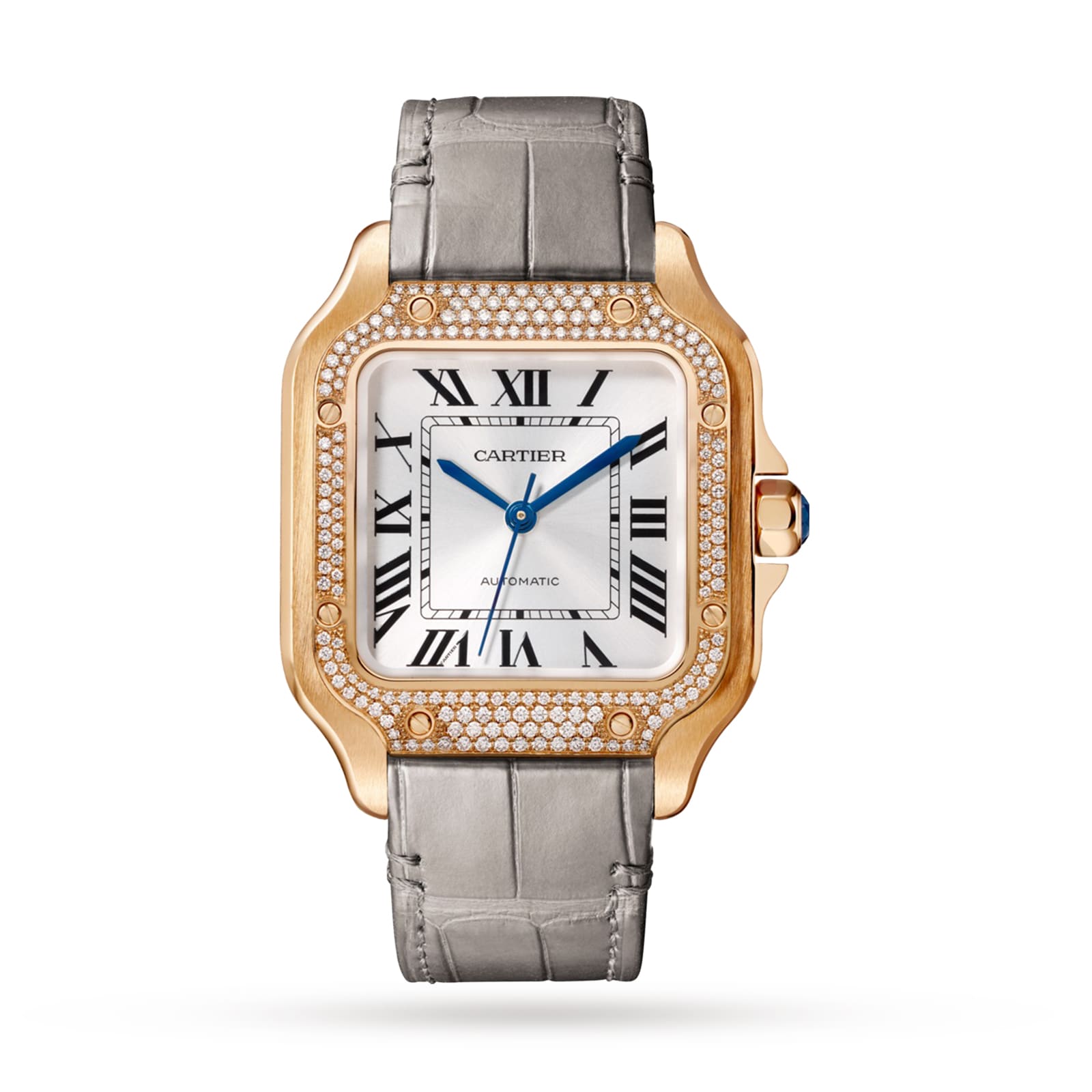 The Santos de Cartier by Cartier features a square rose gold and diamond bezel, Roman numeral indices, a gray leather strap, and automatic winding.