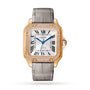 The Santos de Cartier by Cartier features a square rose gold and diamond bezel, Roman numeral indices, a gray leather strap, and automatic winding.