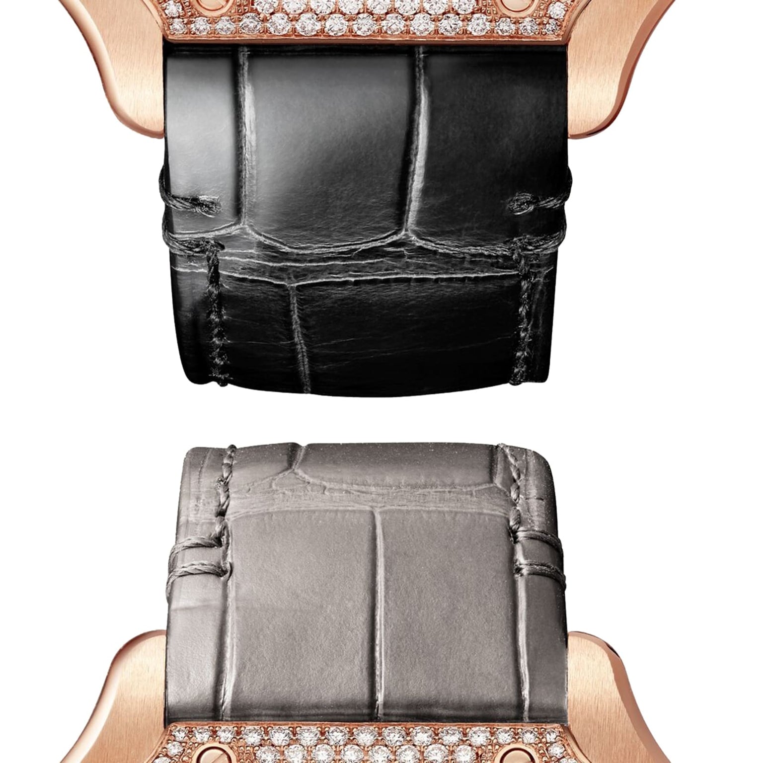 Close-up of two luxury Cartier Santos de Cartier watch straps—one black, one gray—attached to rose gold cases with diamond accents and automatic winding.