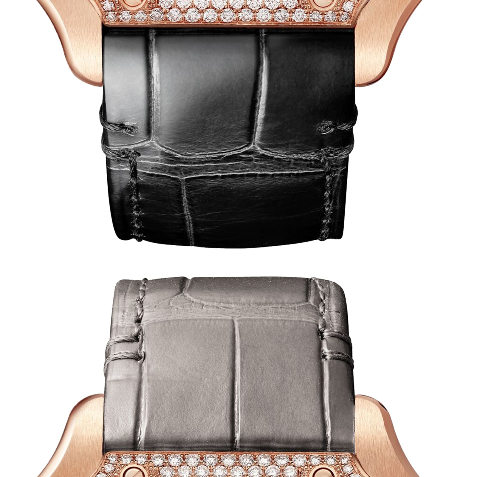 Close-up of two luxury Cartier Santos de Cartier watch straps—one black, one gray—attached to rose gold cases with diamond accents and automatic winding.