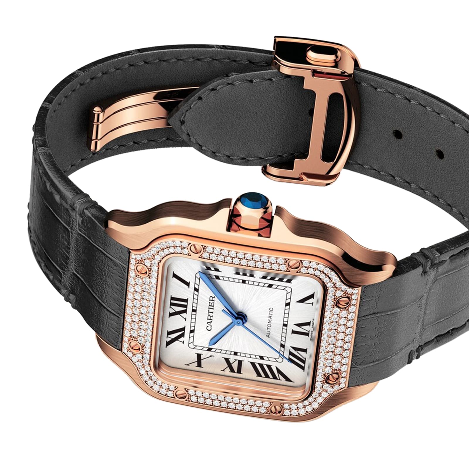 The Santos de Cartier by Cartier features a square face, Roman numerals, diamond bezel, rose gold case, black leather strap, blue crown, and automatic movement.