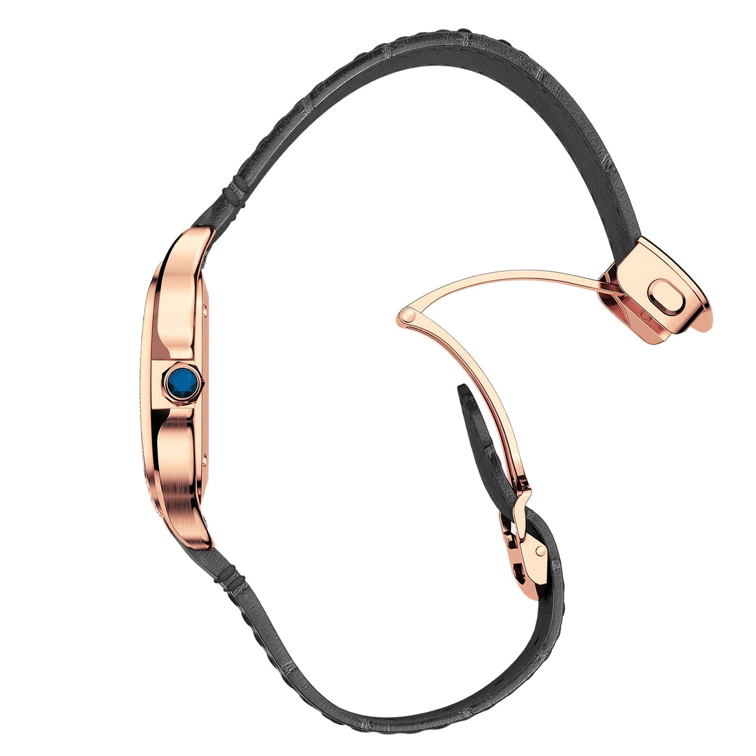 Side view of the Santos de Cartier by Cartier in rose gold with automatic winding, a black leather strap, blue gemstone crown, and open deployment clasp.