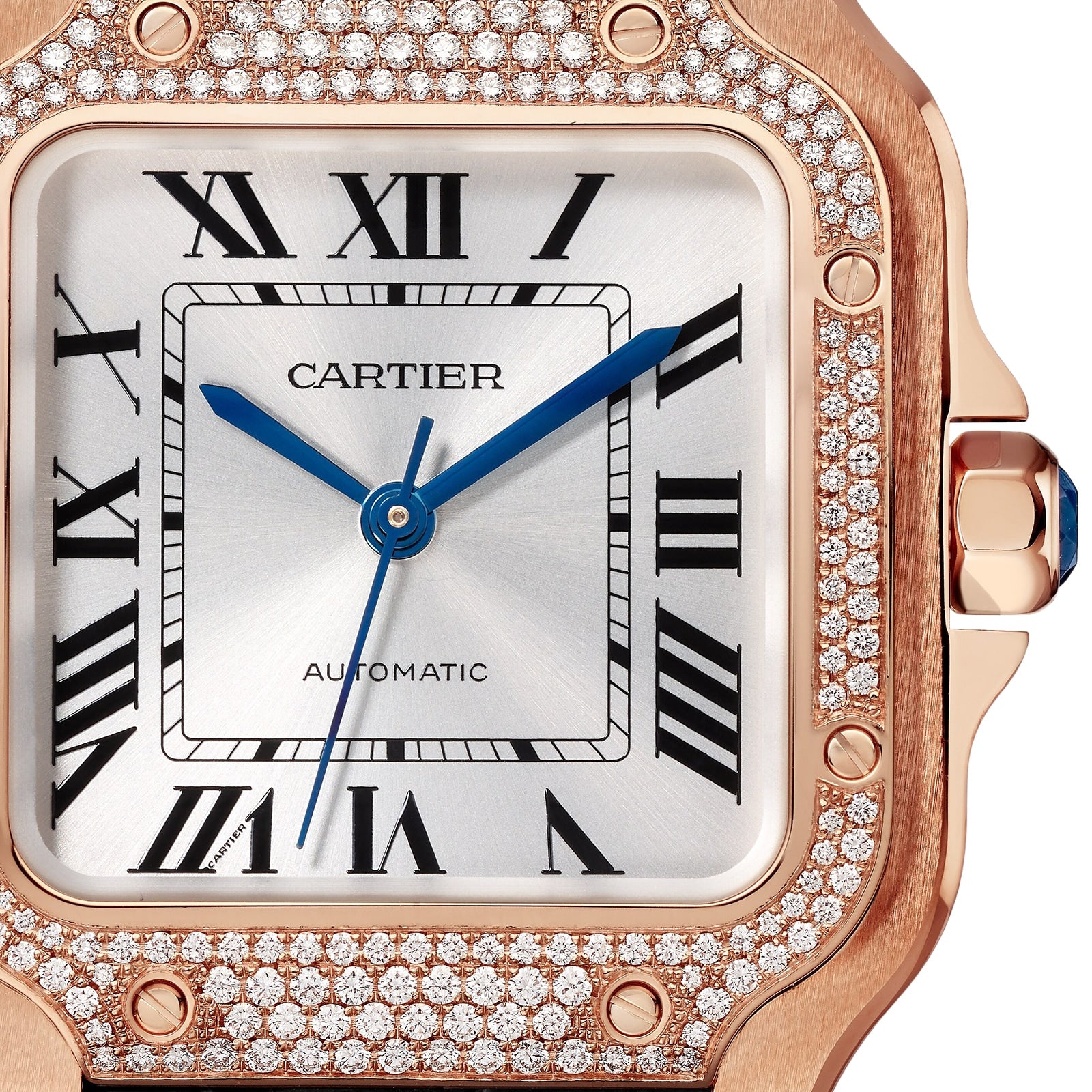 Close-up of the Santos de Cartier watch face with Roman numerals, blue hands, and a diamond-set rose gold bezel by Cartier, showcasing its automatic movement.