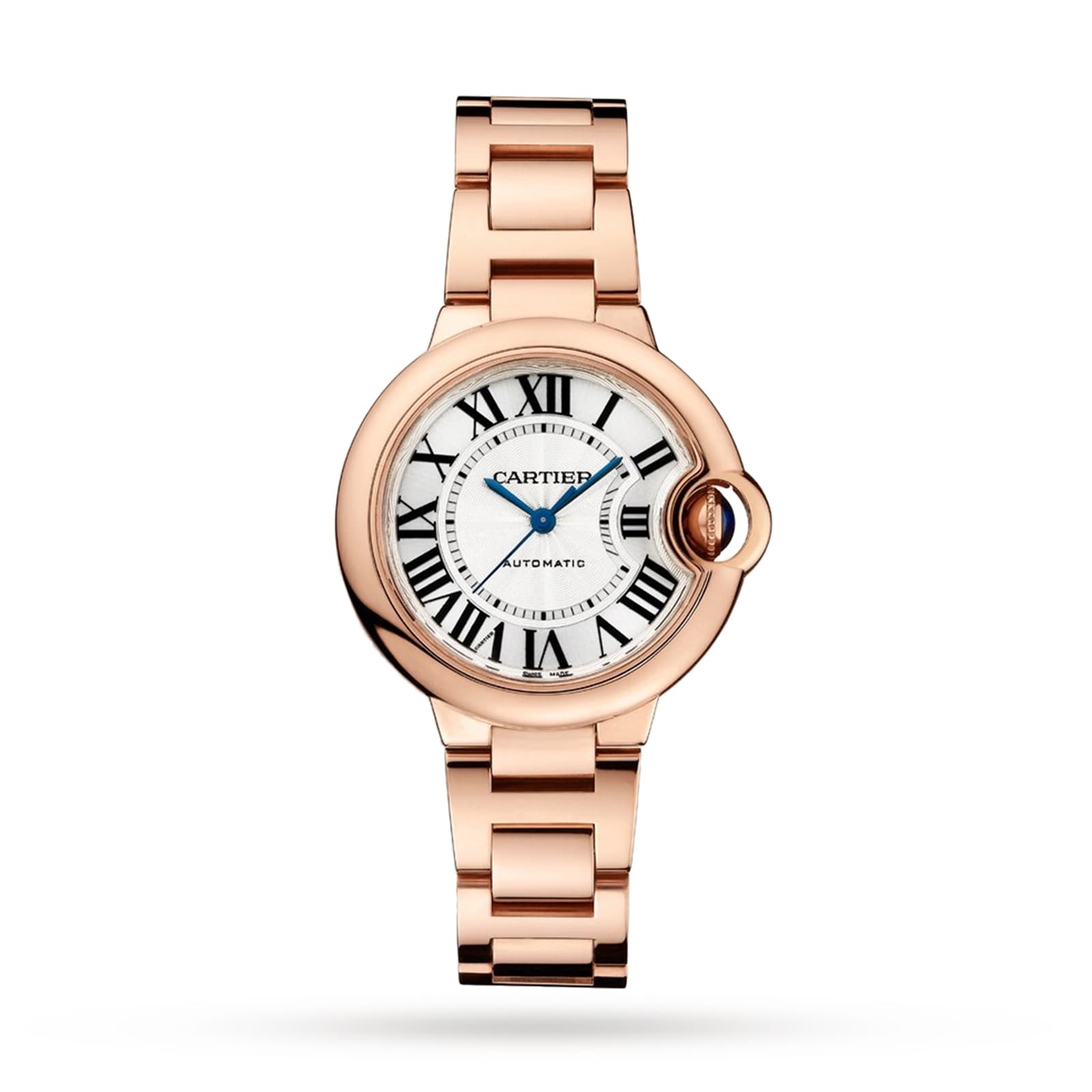 The Cartier Ballon Bleu de Cartier is a rose gold watch with a round white dial, Roman numerals, blue hands, cabochon sapphire crown, and matching link bracelet.