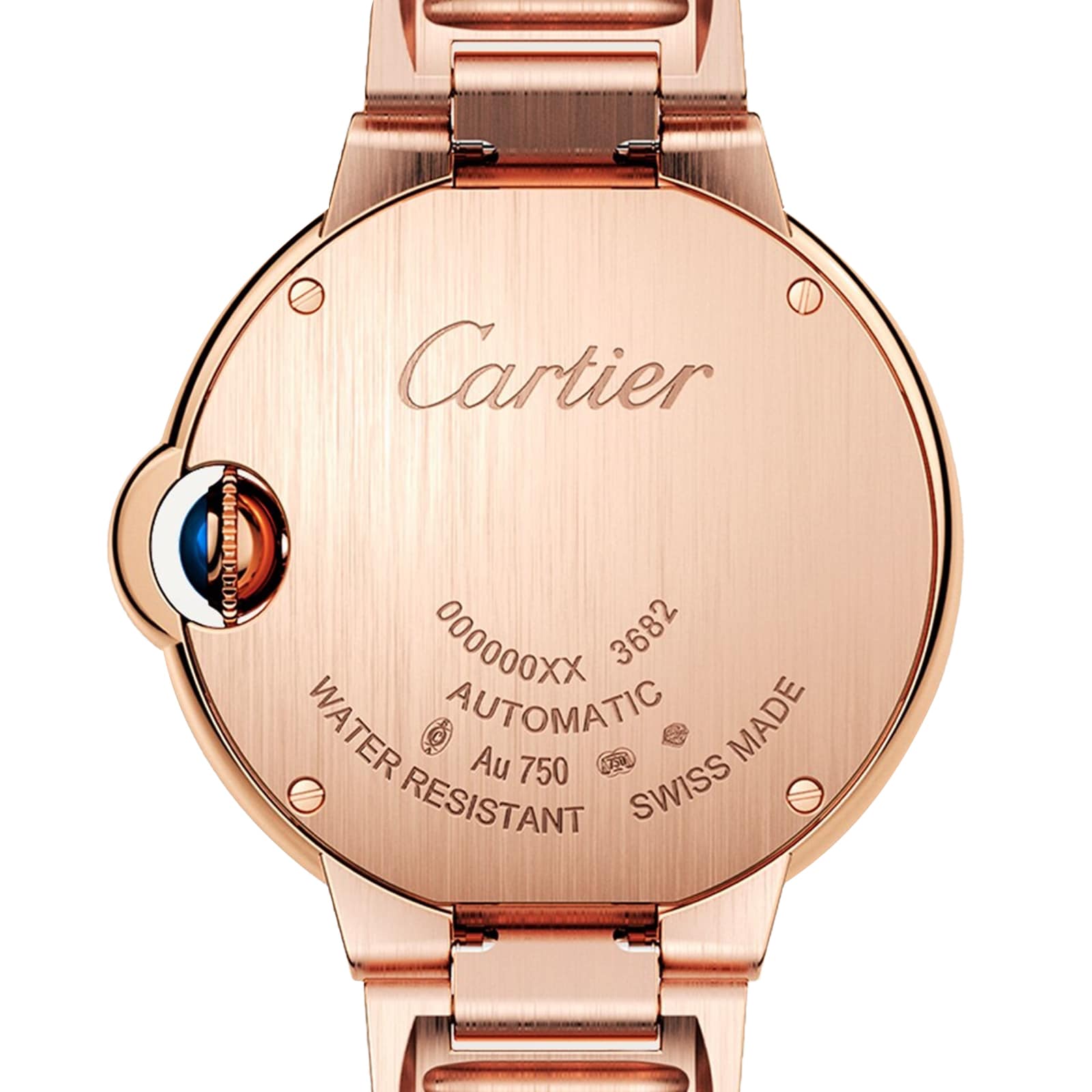 Back view of the Cartier Ballon Bleu de Cartier watch, featuring engraved branding, serial number, specs, water resistance info, and the signature sapphire cabochon set in its crown.