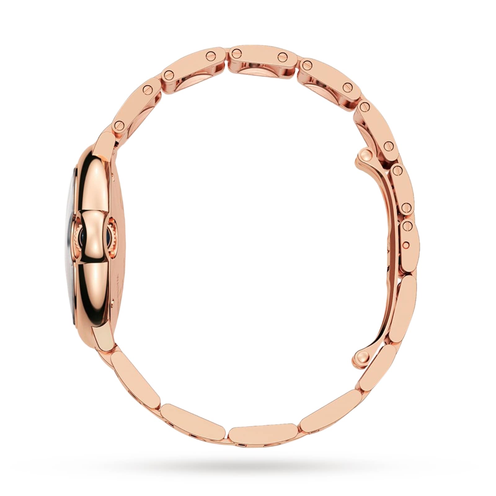 Side view of a Cartier Ballon Bleu de Cartier wristwatch in rose gold, featuring a linked bracelet, closed clasp, and signature cabochon sapphire crown, set against a plain white background.