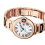 The Cartier Ballon Bleu de Cartier features a round rose gold case, Roman numeral markers, cabochon sapphire crown, and a metal link bracelet.