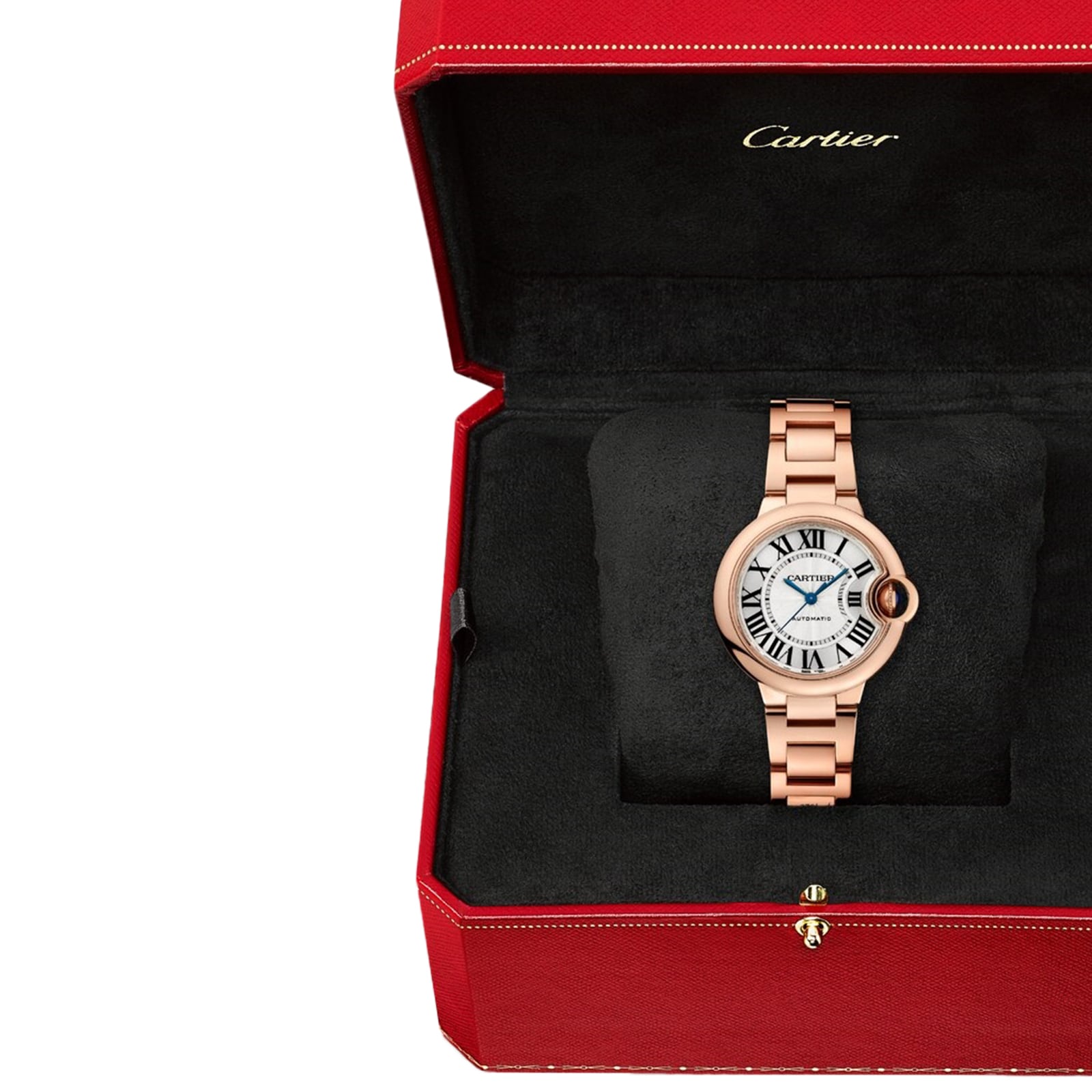 A Cartier Ballon Bleu de Cartier wristwatch with a rose gold band, Roman numeral dial, and cabochon sapphire crown is presented in an open red Cartier box.