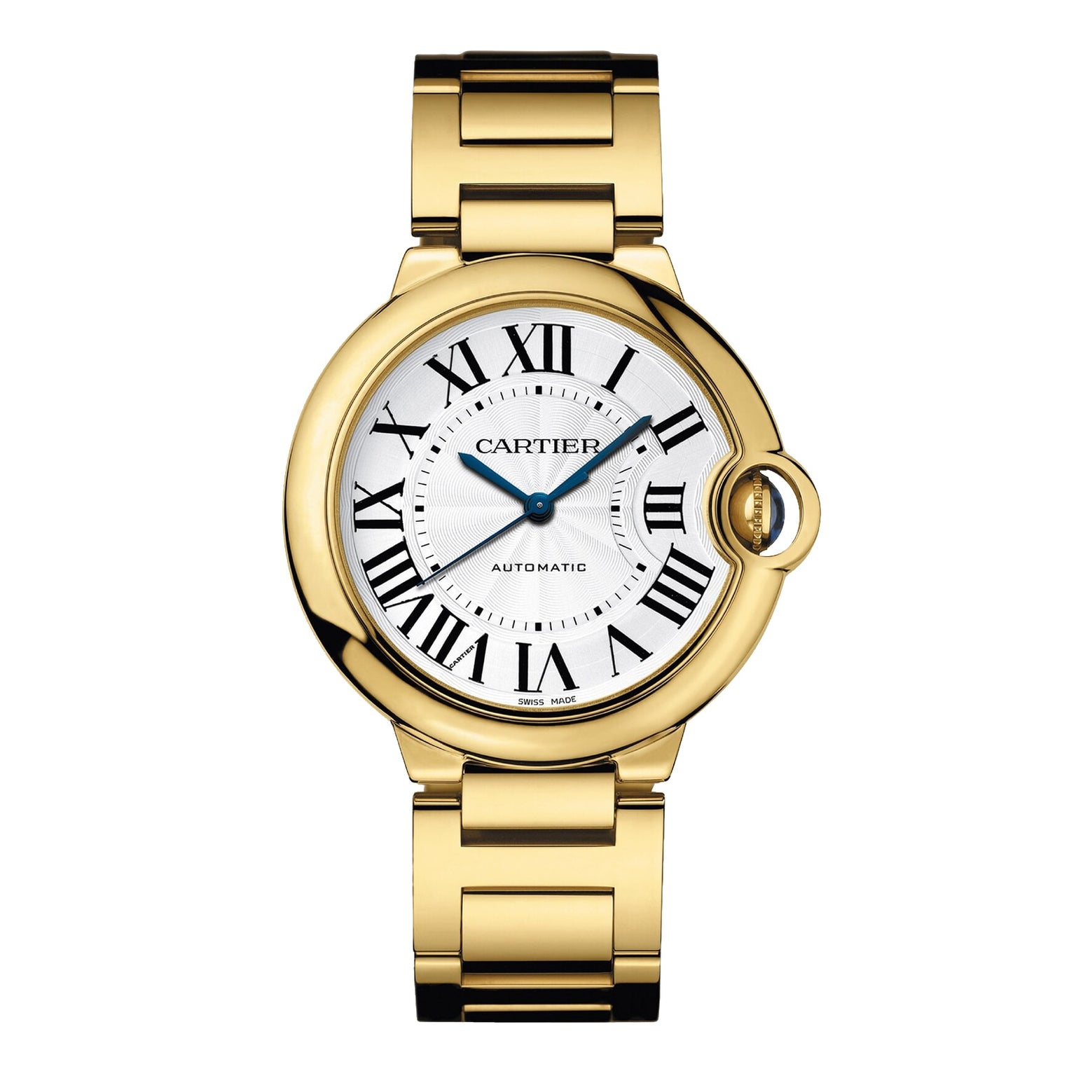 The Ballon Bleu de Cartier by Cartier is a yellow gold wristwatch featuring a white dial with black Roman numerals, blue hands, integrated crown at 3 oclock, metal bracelet, and an elegant mechanical movement.