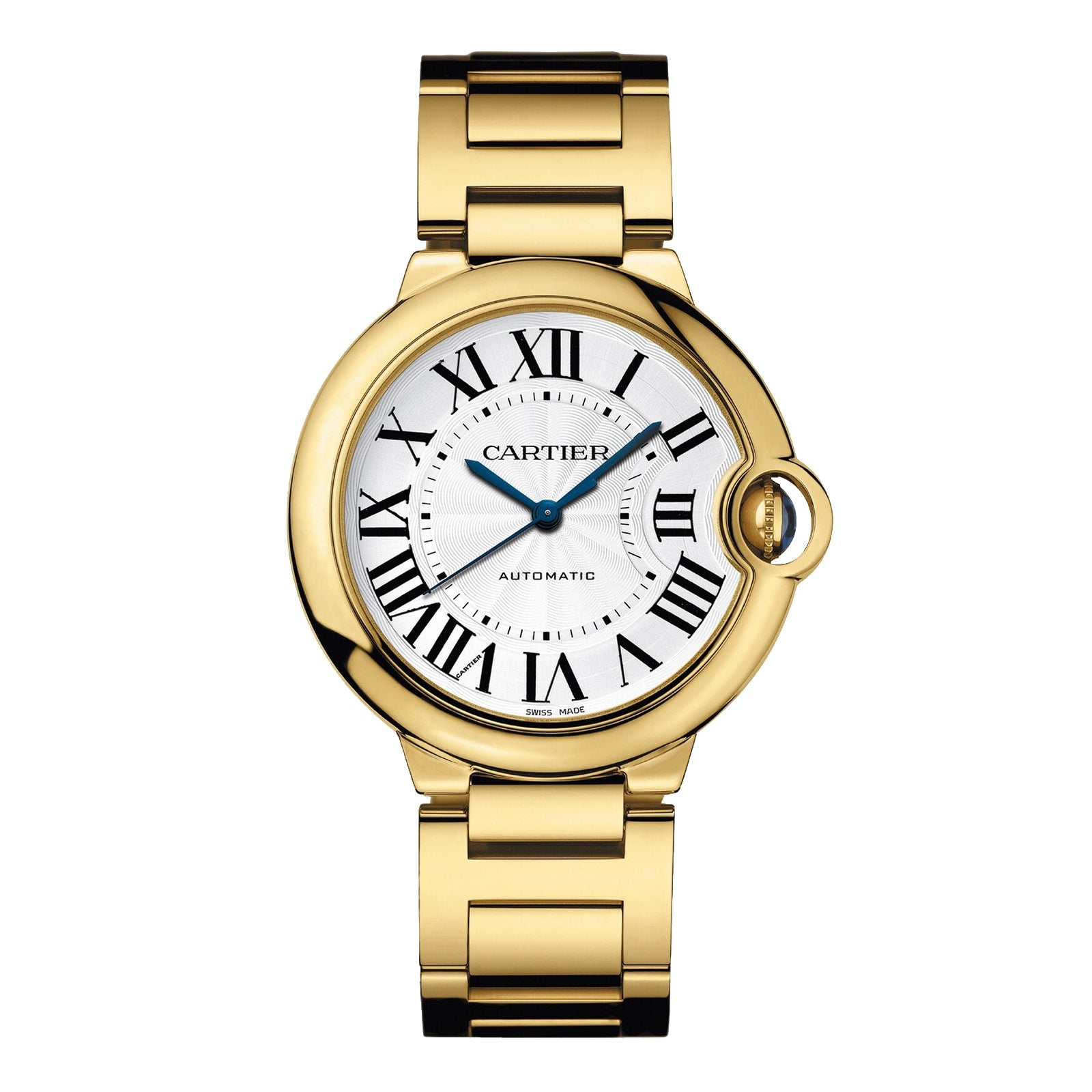 The Ballon Bleu de Cartier by Cartier is a yellow gold wristwatch featuring a white dial with black Roman numerals, blue hands, integrated crown at 3 oclock, metal bracelet, and an elegant mechanical movement.