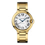 The Ballon Bleu de Cartier by Cartier is a yellow gold wristwatch featuring a white dial with black Roman numerals, blue hands, integrated crown at 3 oclock, metal bracelet, and an elegant mechanical movement.