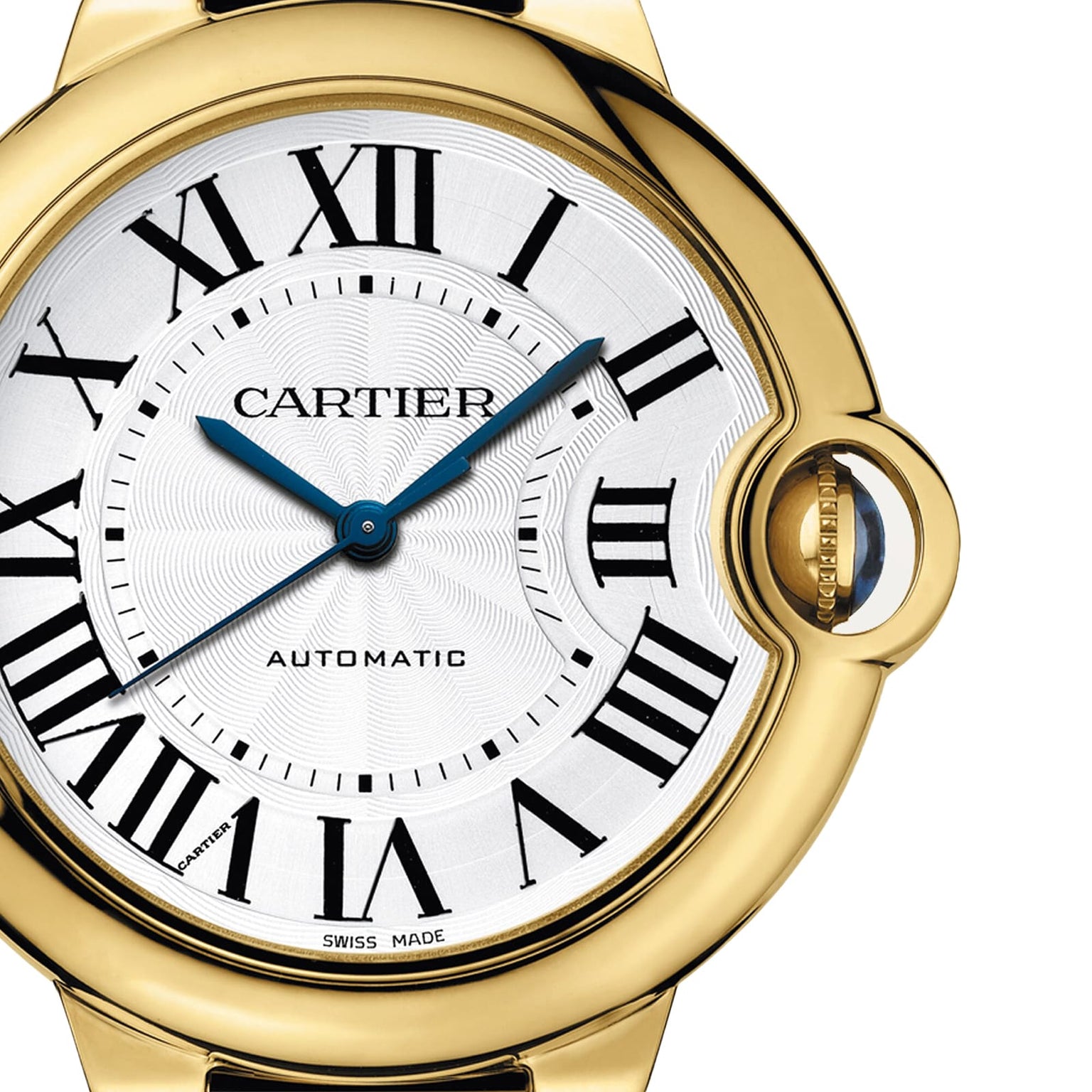 Close-up of the Cartier Ballon Bleu de Cartier watch featuring Roman numerals, blue hands, a detailed silver-white dial, and a partially enclosed crown in a yellow gold case.