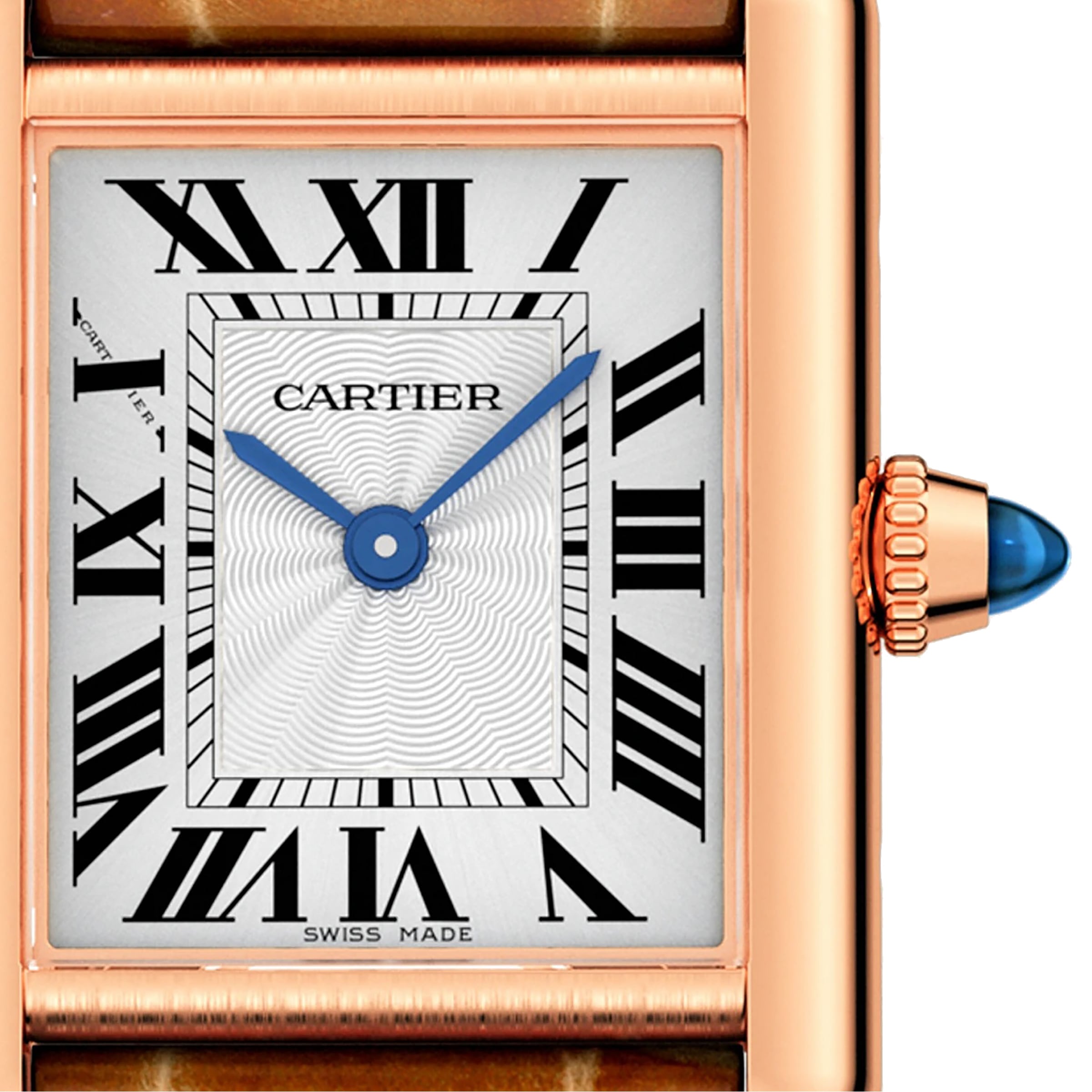 Close-up of the Cartier Tank Louis Cartier watch face featuring Roman numerals, blue sword-shaped hands, a rectangular rose gold case, blue cabochon crown, and an elegant alligator skin strap.