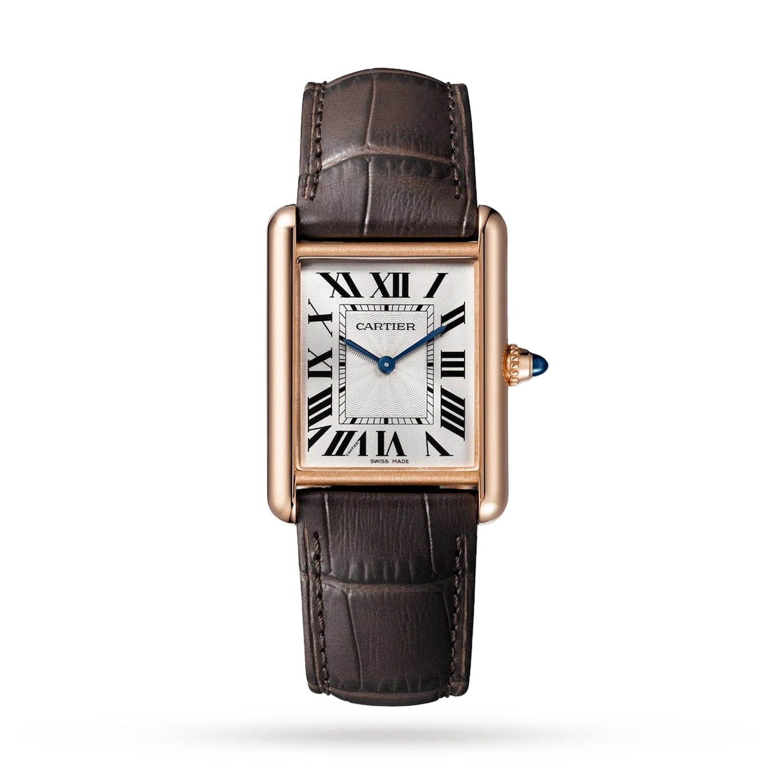 The Tank Louis Cartier by Cartier features a rectangular case in rose gold, white dial with black Roman numerals, blue hands, brown leather strap, and a sapphire cabochon crown.