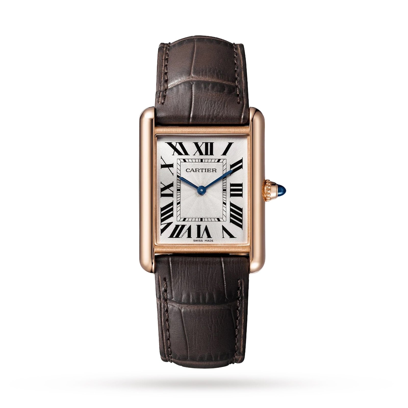 The Tank Louis Cartier by Cartier features a rectangular case in rose gold, white dial with black Roman numerals, blue hands, brown leather strap, and a sapphire cabochon crown.