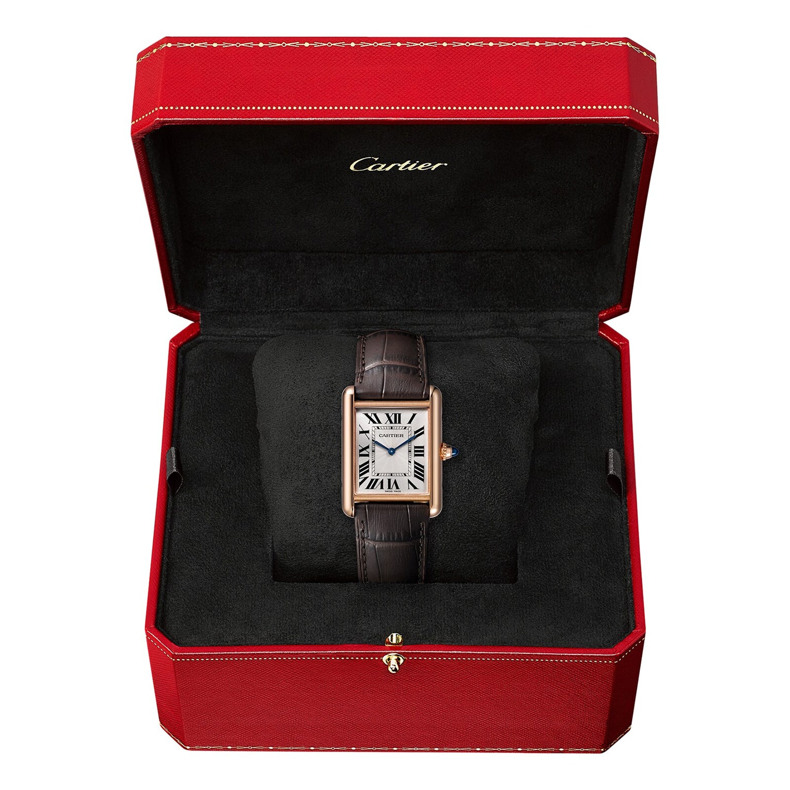 The Cartier Tank Louis Cartier watch in rose gold with a brown leather strap and sapphire cabochon crown is shown inside an open red Cartier box lined with black.