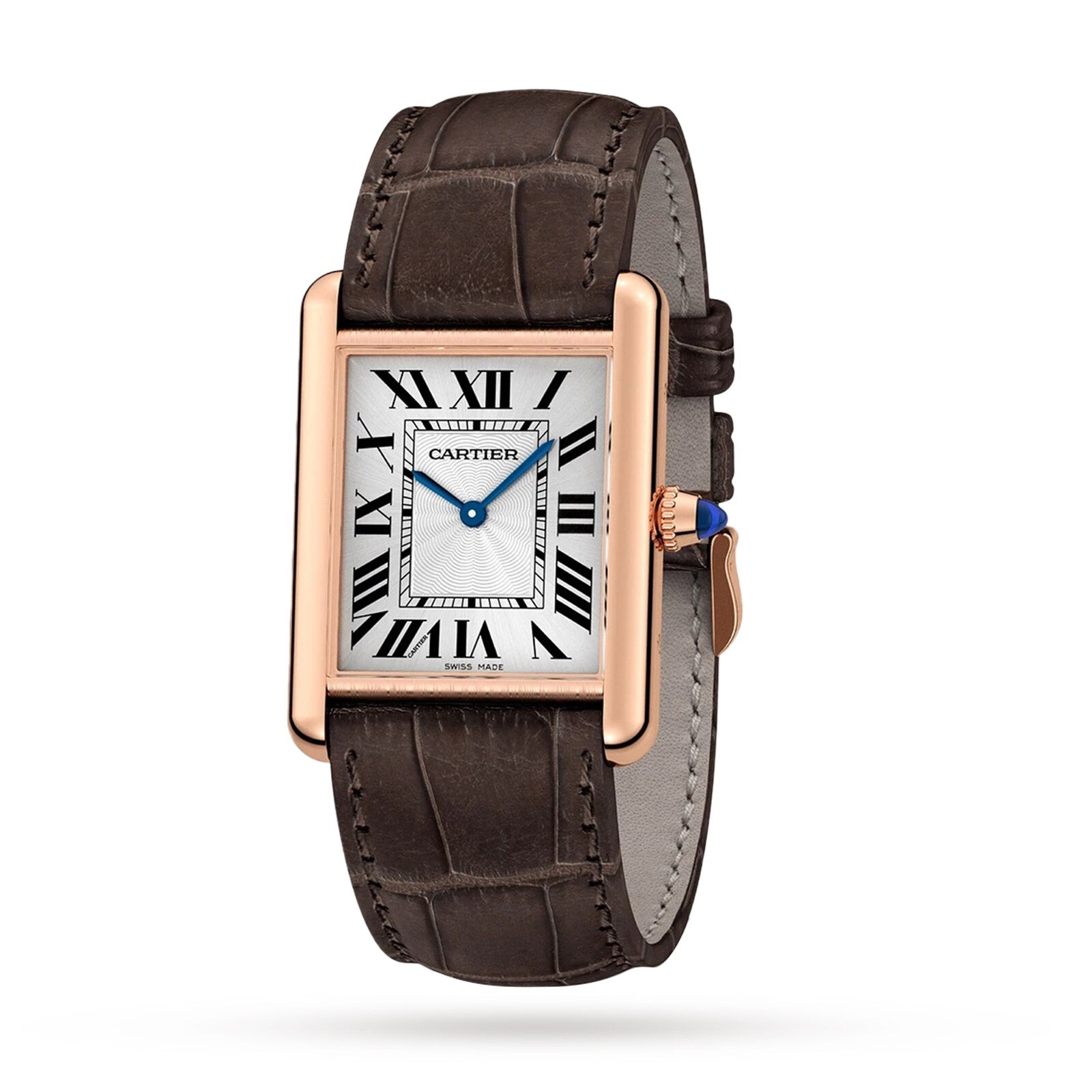 The Cartier Tank Louis Cartier watch features a rectangular rose gold case, white dial with black Roman numerals, blue hands, brown leather strap, and a signature sapphire cabochon.