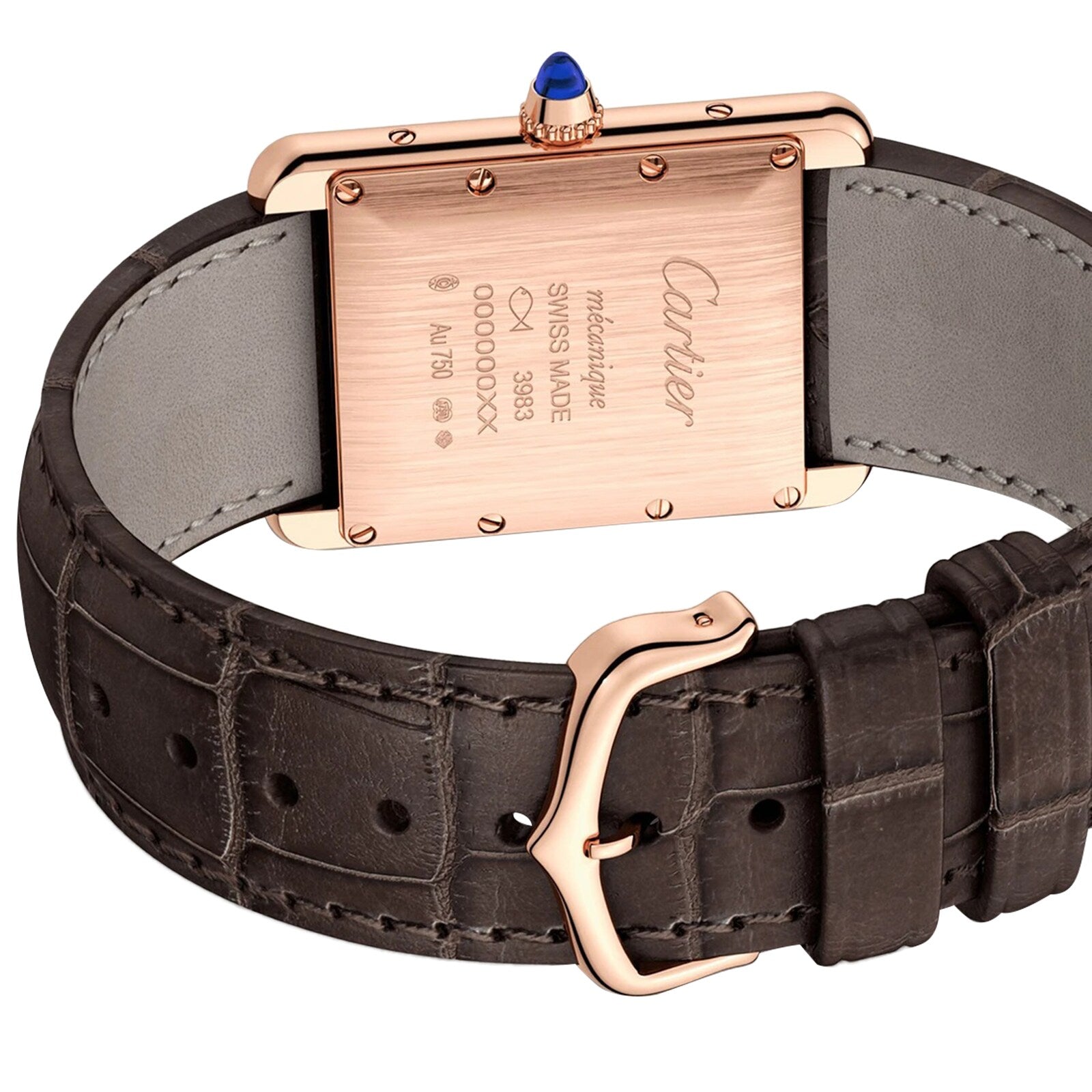 A close-up of the back of a Tank Louis Cartier watch by Cartier with a brown leather strap, detailed engravings, and a rose gold buckle.