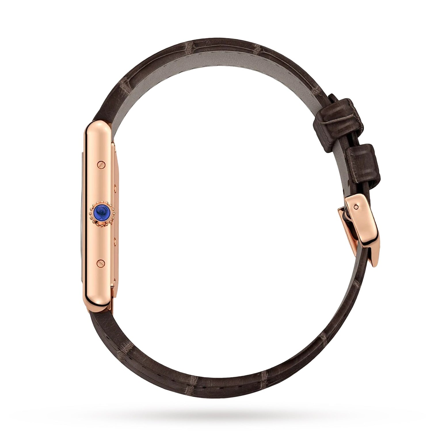 Side view of the Cartier Tank Louis Cartier watch featuring a brown leather strap, rose gold case, and a sapphire cabochon crown, set against a white background.