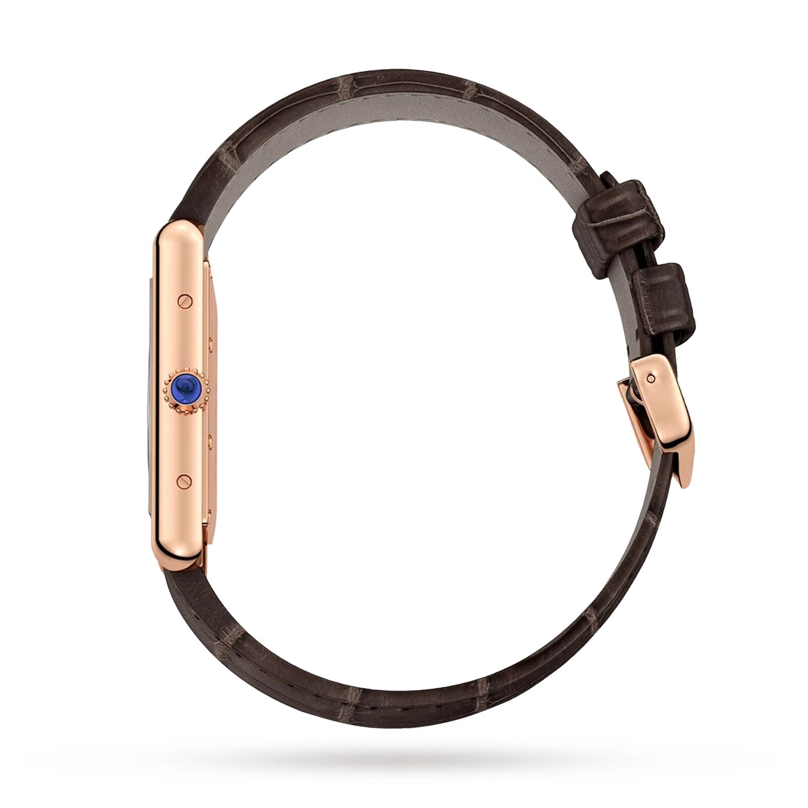 Side view of the Cartier Tank Louis Cartier watch featuring a brown leather strap, rose gold case, and a sapphire cabochon crown, set against a white background.
