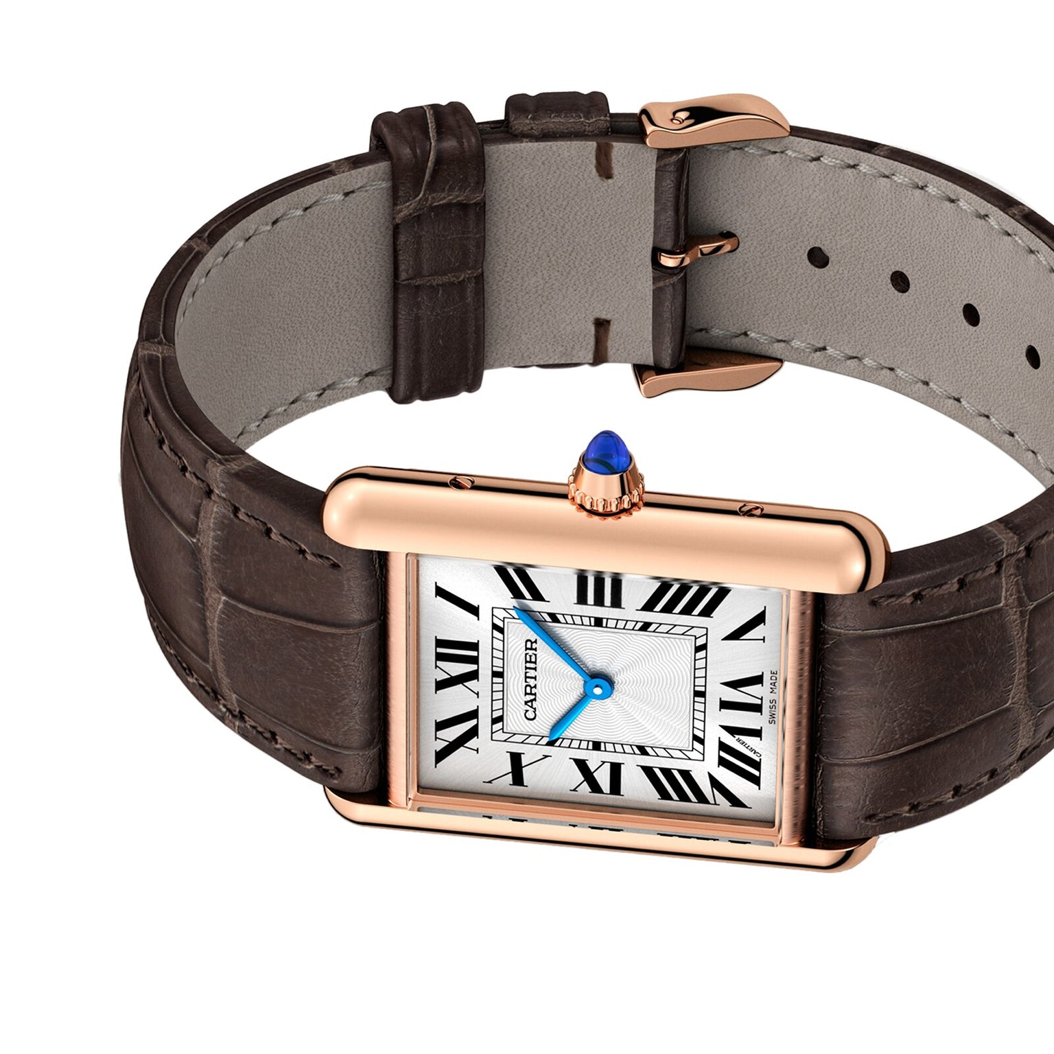 The Tank Louis Cartier by Cartier features a rectangular rose gold case, white dial with Roman numerals, blue hands, brown leather strap, and a sapphire cabochon crown.