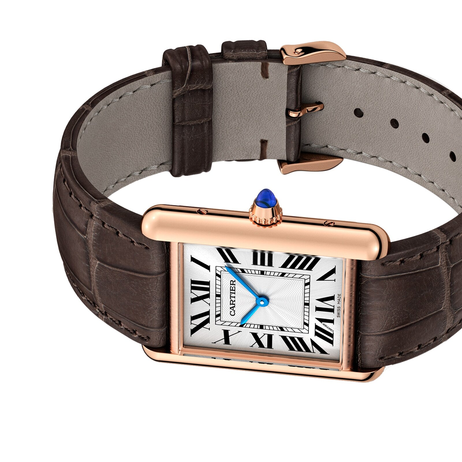 The Tank Louis Cartier by Cartier features a rectangular rose gold case, white dial with Roman numerals, blue hands, brown leather strap, and a sapphire cabochon crown.