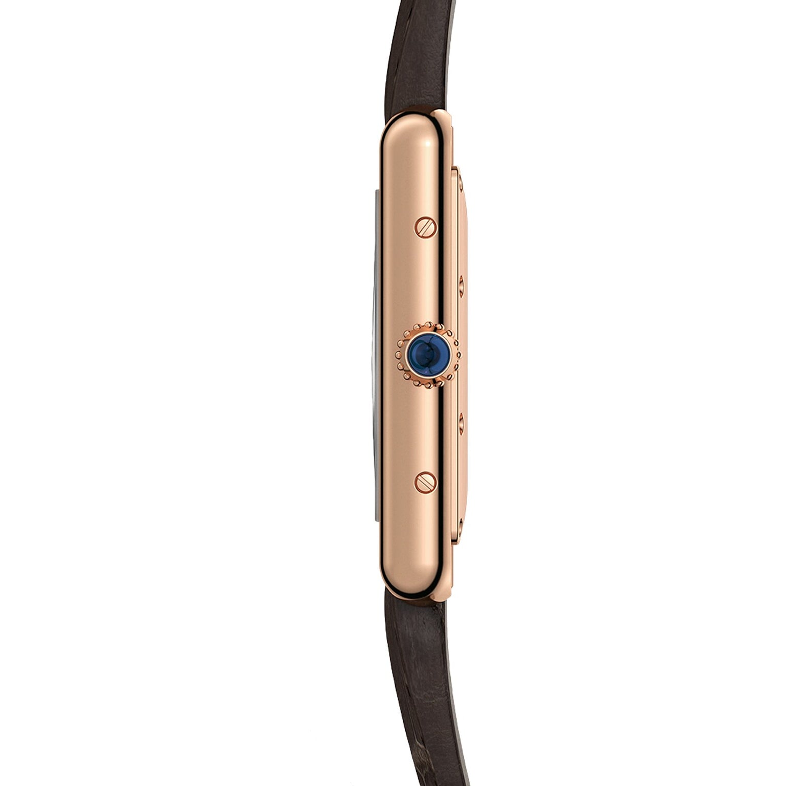 Side view of the Cartier Tank Louis Cartier in rose gold, featuring a blue sapphire cabochon crown and black leather strap, photographed against a white background.