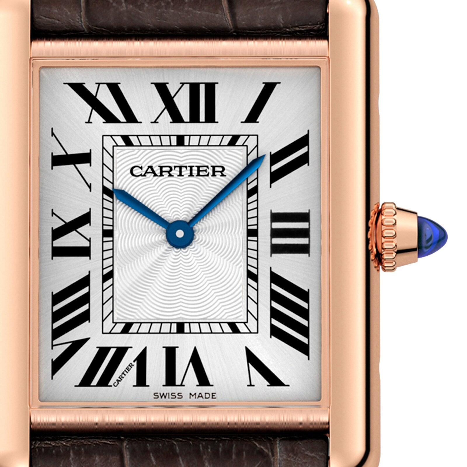 Close-up of the Cartier Tank Louis Cartier watch with Roman numerals, blue hands, a rectangular rose gold case, and a sapphire cabochon crown.