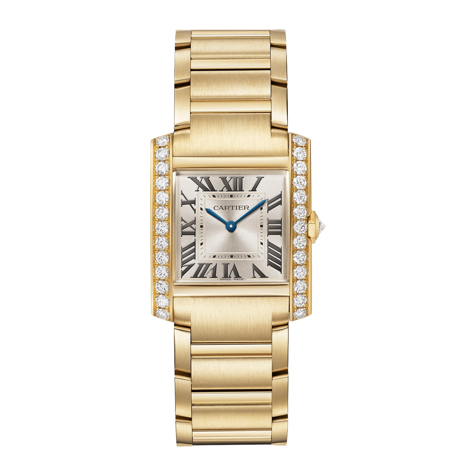 A gold rectangular Cartier Tank Américaine wristwatch with Roman numerals, blue hands, brilliant-cut diamonds on the sides, yellow gold case, and a gold link bracelet.