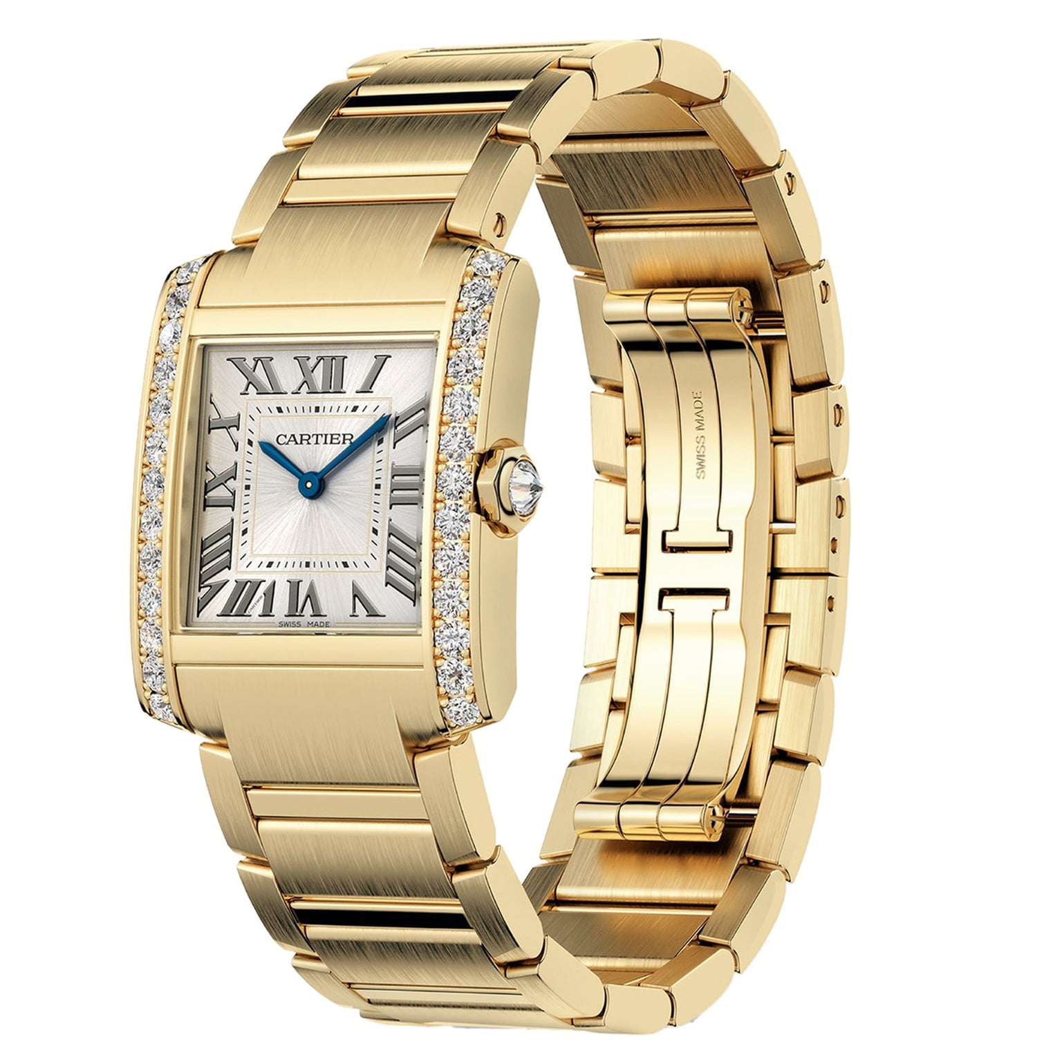 Cartier Tank Américaine wristwatch featuring Roman numerals, blue hands, a yellow gold case, diamond-encrusted bezel, and a polished metal bracelet displayed against a white background.