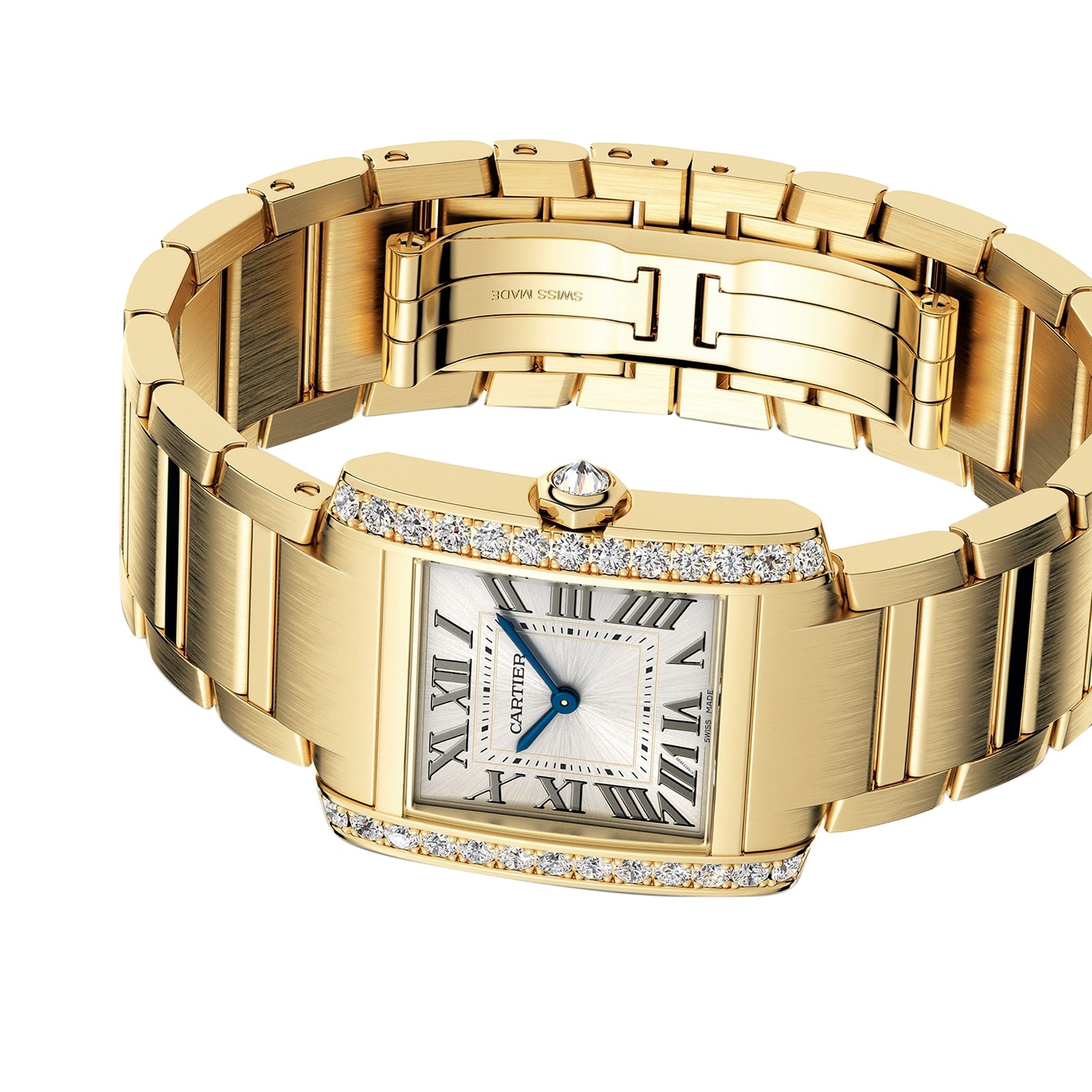 The Cartier Tank Américaine features a diamond bezel, Roman numerals, blue hands, and a gold link bracelet.
