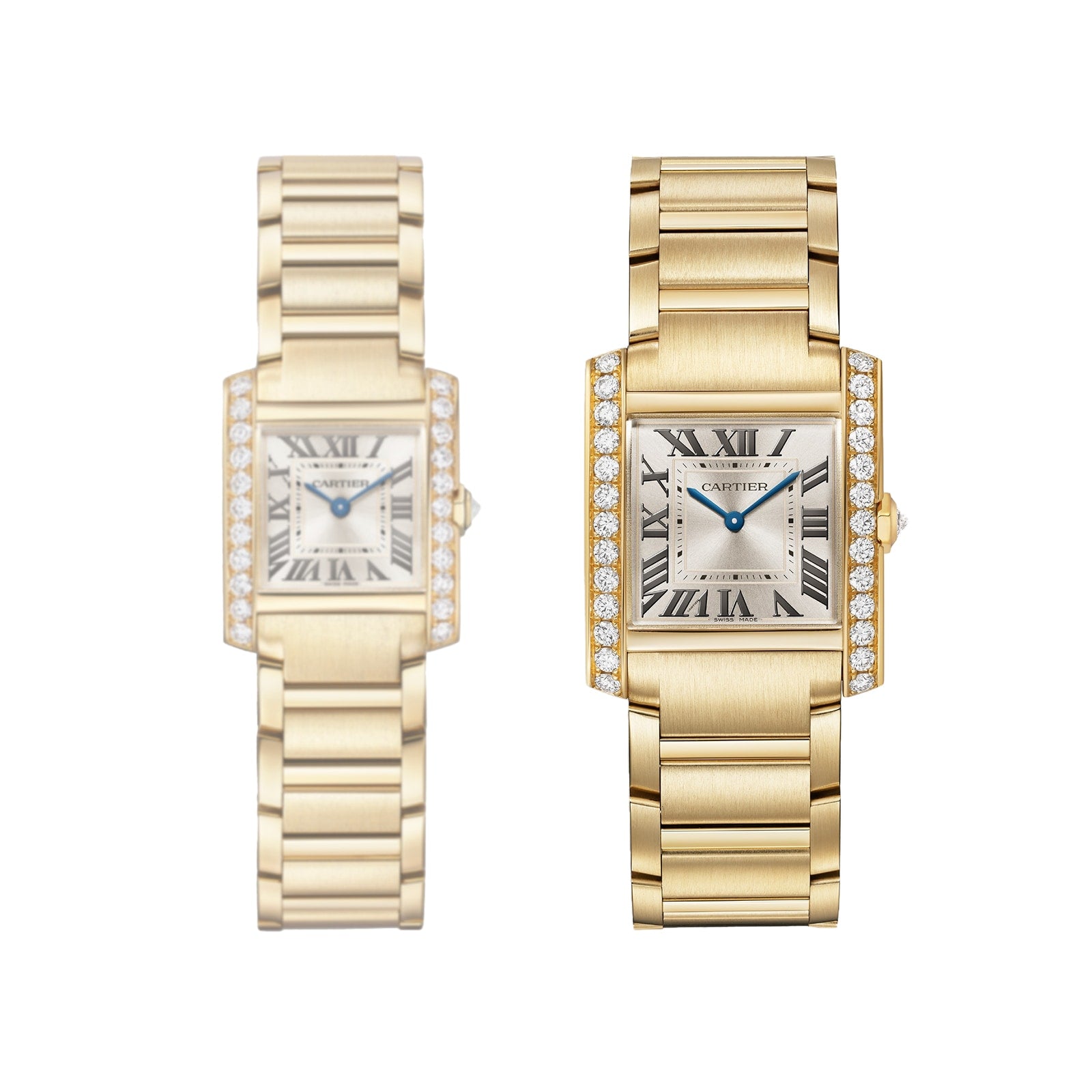 Two gold Cartier Tank Américaine watches with rectangular faces, brilliant-cut diamond bezels, Roman numerals, and metal link bands are displayed side by side on a white background.