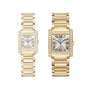 Two gold Cartier Tank Américaine watches with rectangular faces, brilliant-cut diamond bezels, Roman numerals, and metal link bands are displayed side by side on a white background.