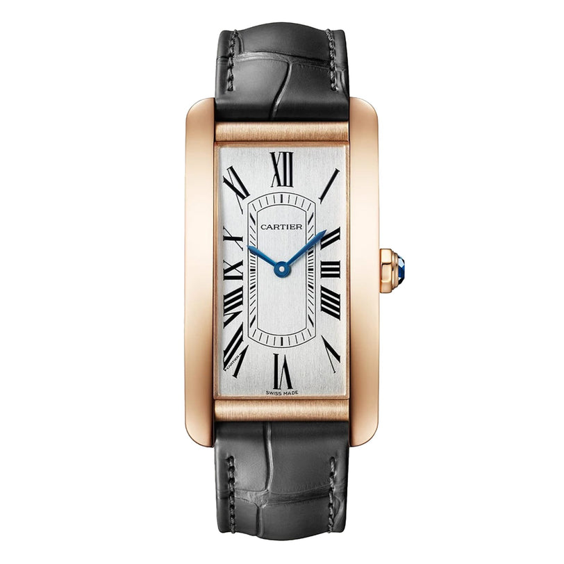 The Cartier Tank Américaine is a rectangular wristwatch featuring a rose gold case, Roman numeral markers, blue hands, and a black leather strap.