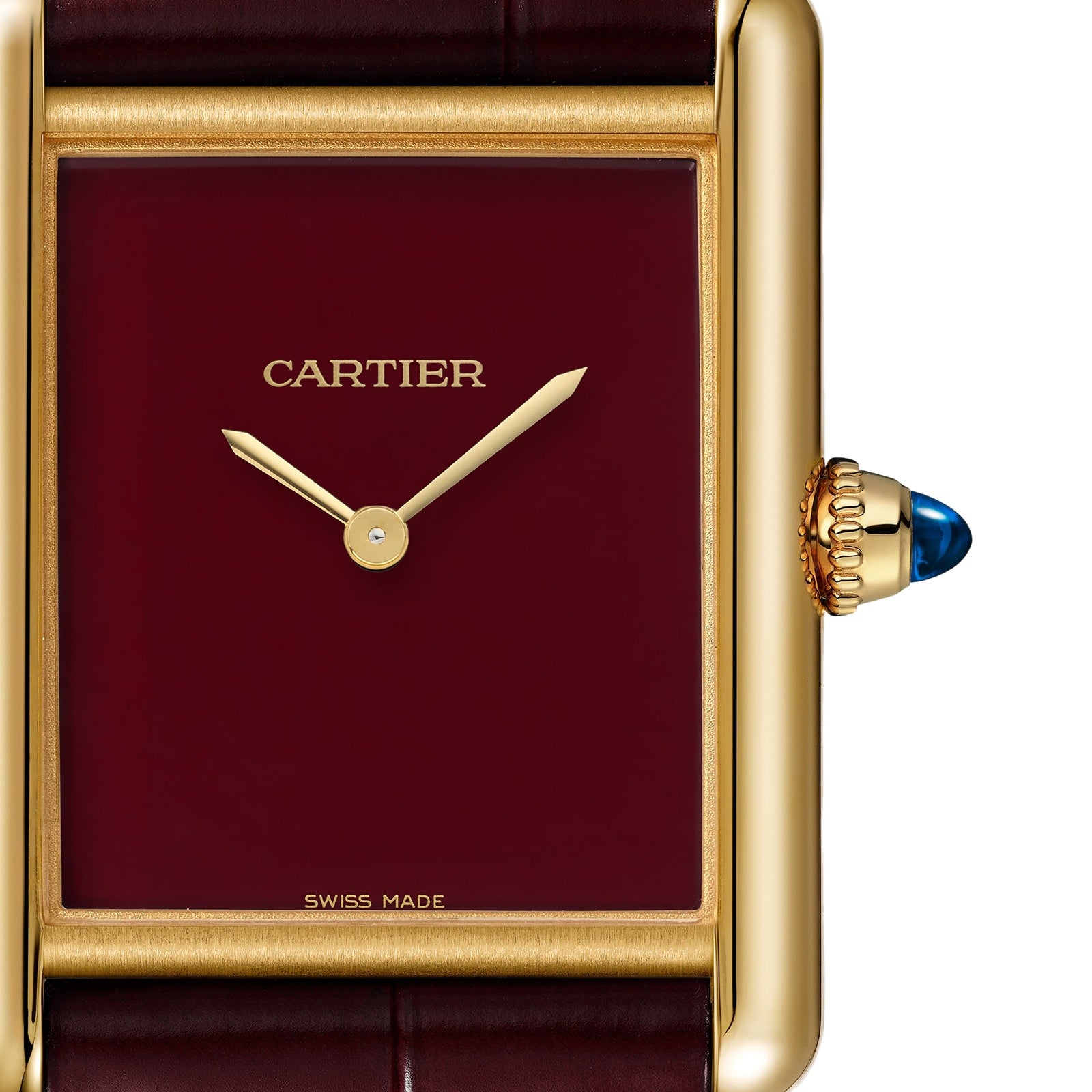 Close-up of the Cartier Tank Louis Cartier wristwatch, featuring an 18K yellow gold rectangular case, burgundy dial, gold hands, blue cabochon crown, and visible CARTIER and SWISS MADE markings.