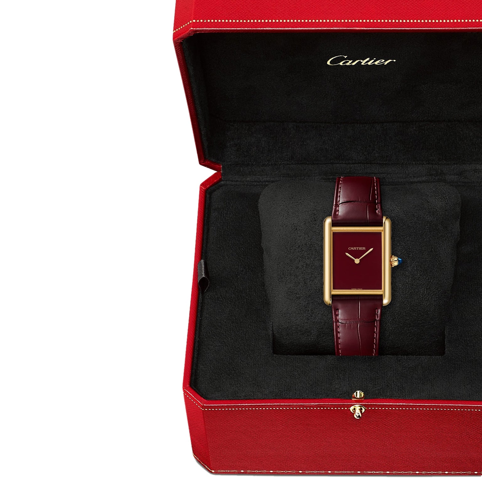 The Cartier Tank Louis Cartier wristwatch, featuring a burgundy leather strap and 18K yellow gold case, is elegantly presented in an open red Cartier box.