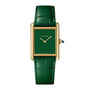 A Cartier Tank Louis Cartier wristwatch with an 18K yellow gold case, green lacquered rectangular dial, and matching green leather strap, shown on a white background.